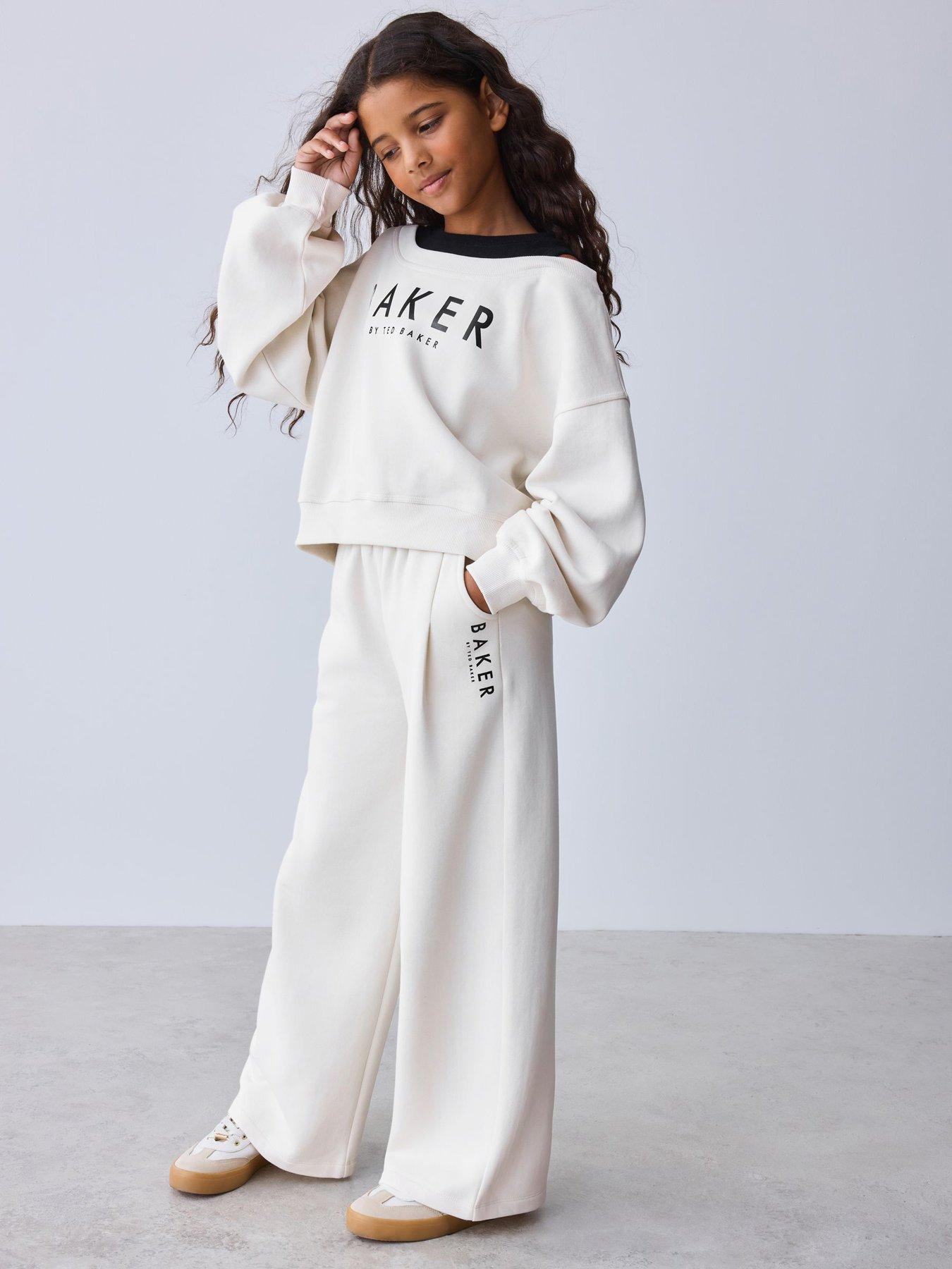 Image 1 of 5 of Ted Baker Girls Off-Shoulder Logo Sweatshirt and Joggers Set - Cream