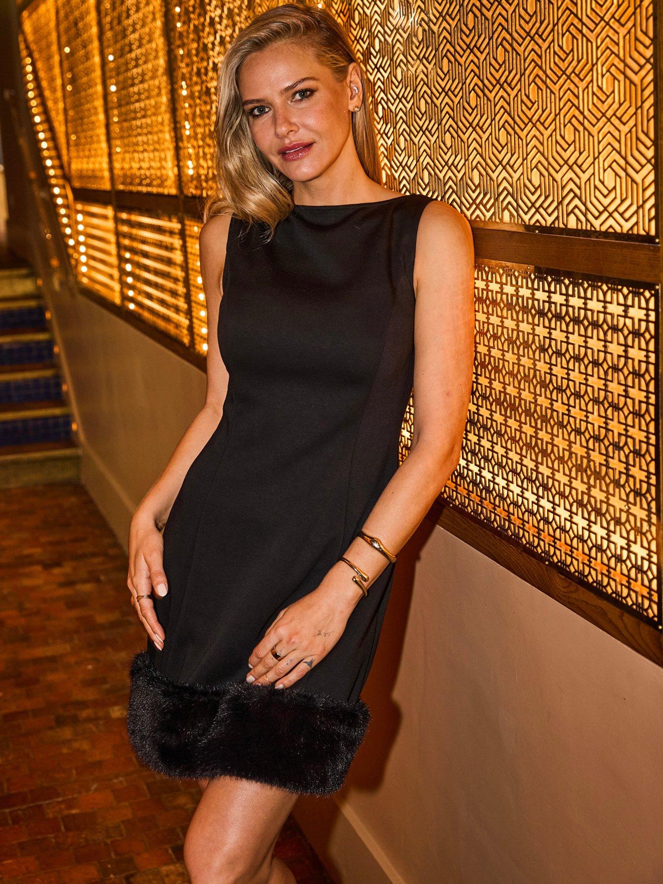 Image 3 of 3 of Sosandar Black Boat Neck Ponte Dress With Fur Trim