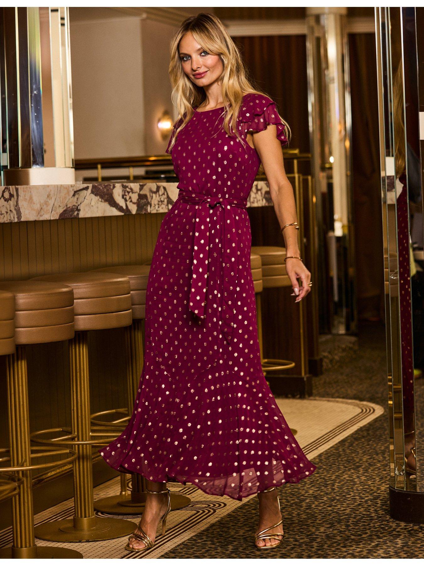 Image 1 of 5 of Sosandar Womens Metallic Spot Print Frill Hem Midaxi Dress - Red