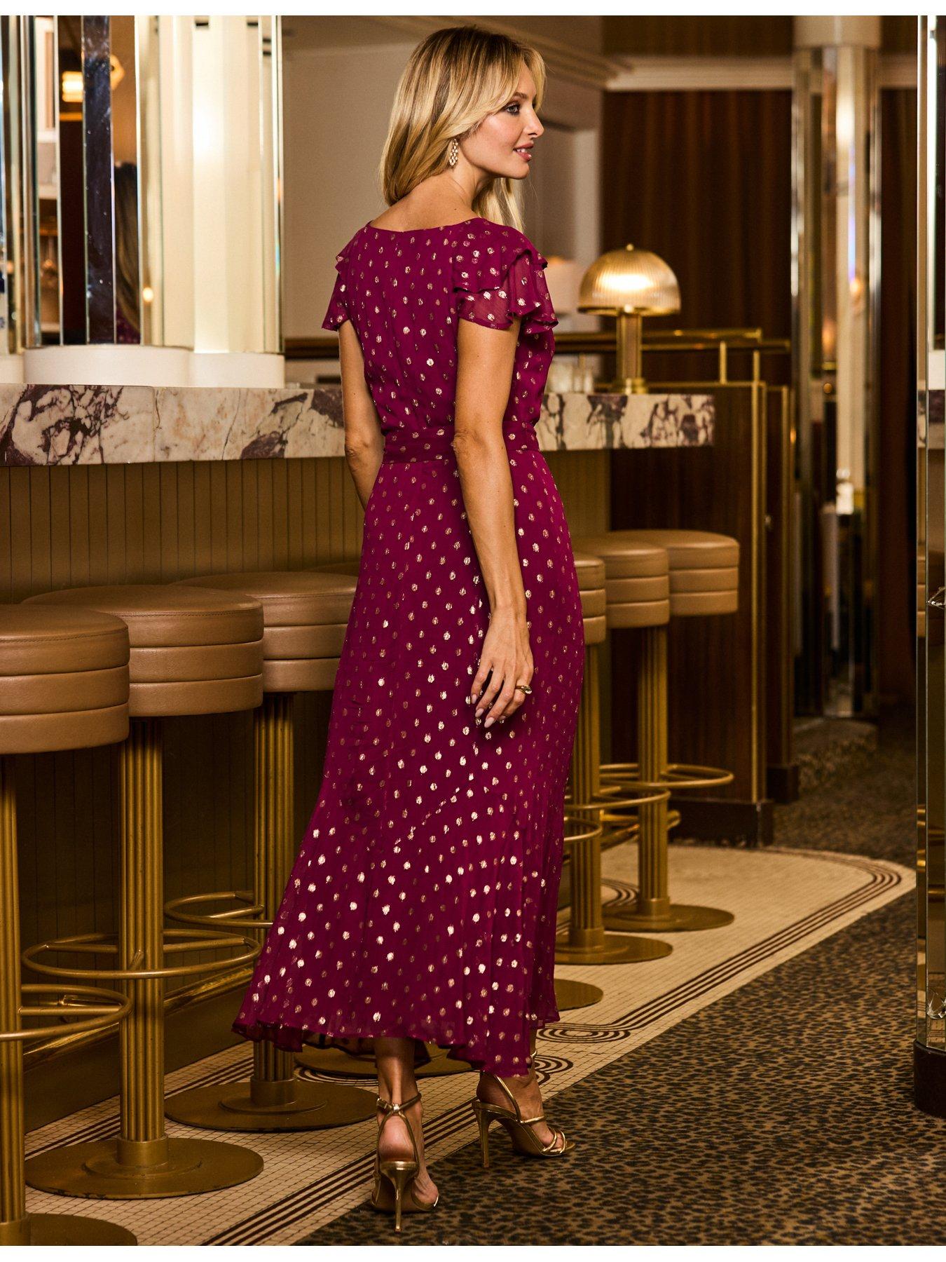 Image 2 of 5 of Sosandar Womens Metallic Spot Print Frill Hem Midaxi Dress - Red