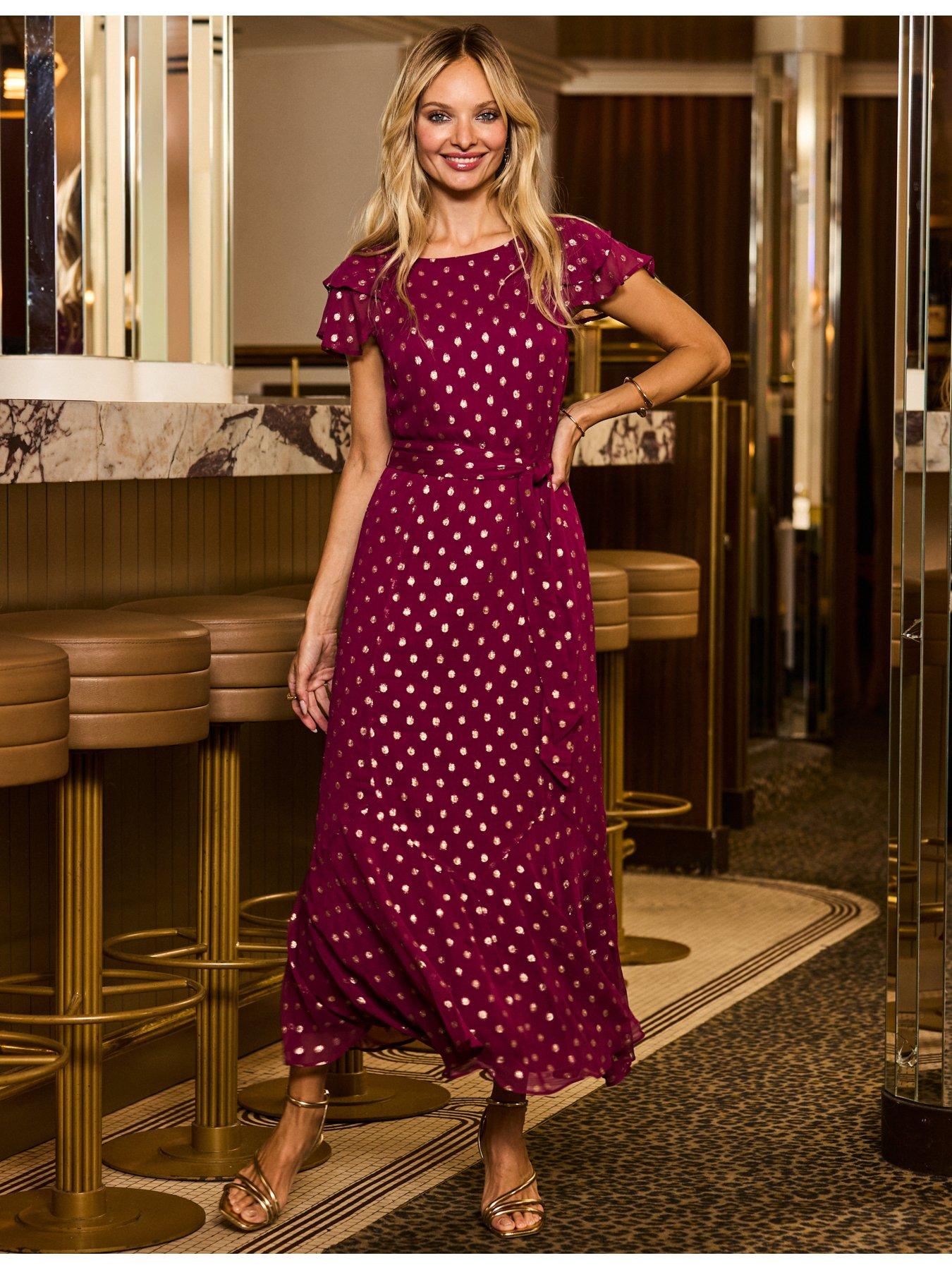 Image 5 of 5 of Sosandar Womens Metallic Spot Print Frill Hem Midaxi Dress - Red