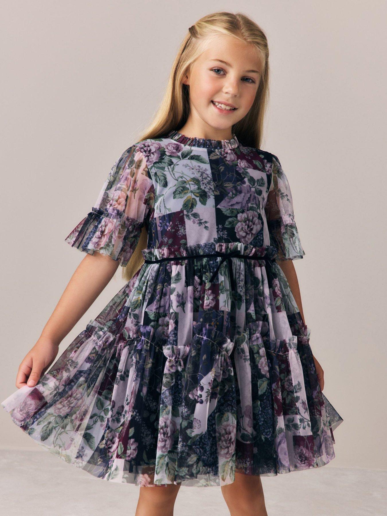 Image 1 of 7 of Laura Ashley Girls Patch Print Tiered Dress - Multi