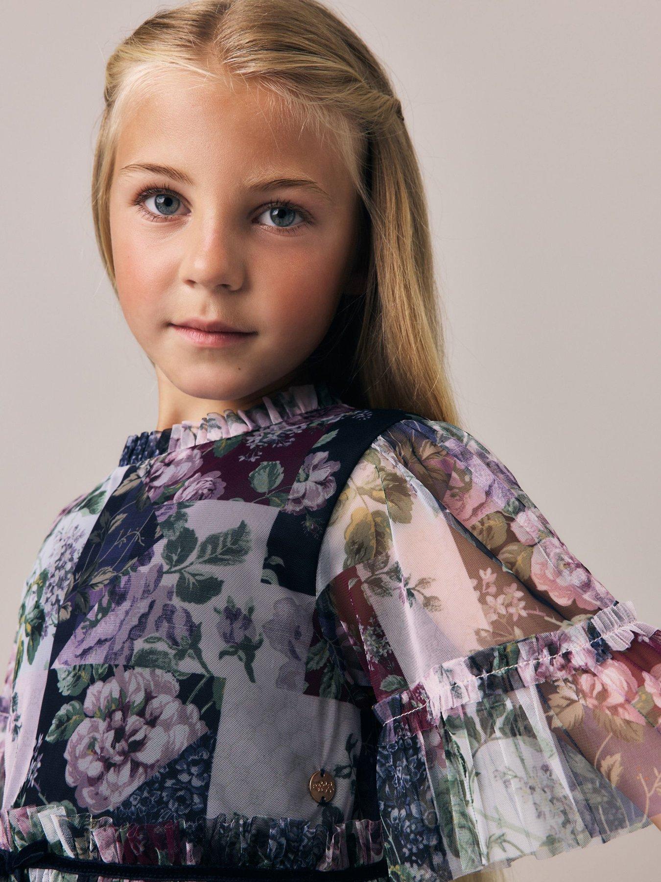 Image 4 of 7 of Laura Ashley Girls Patch Print Tiered Dress - Multi