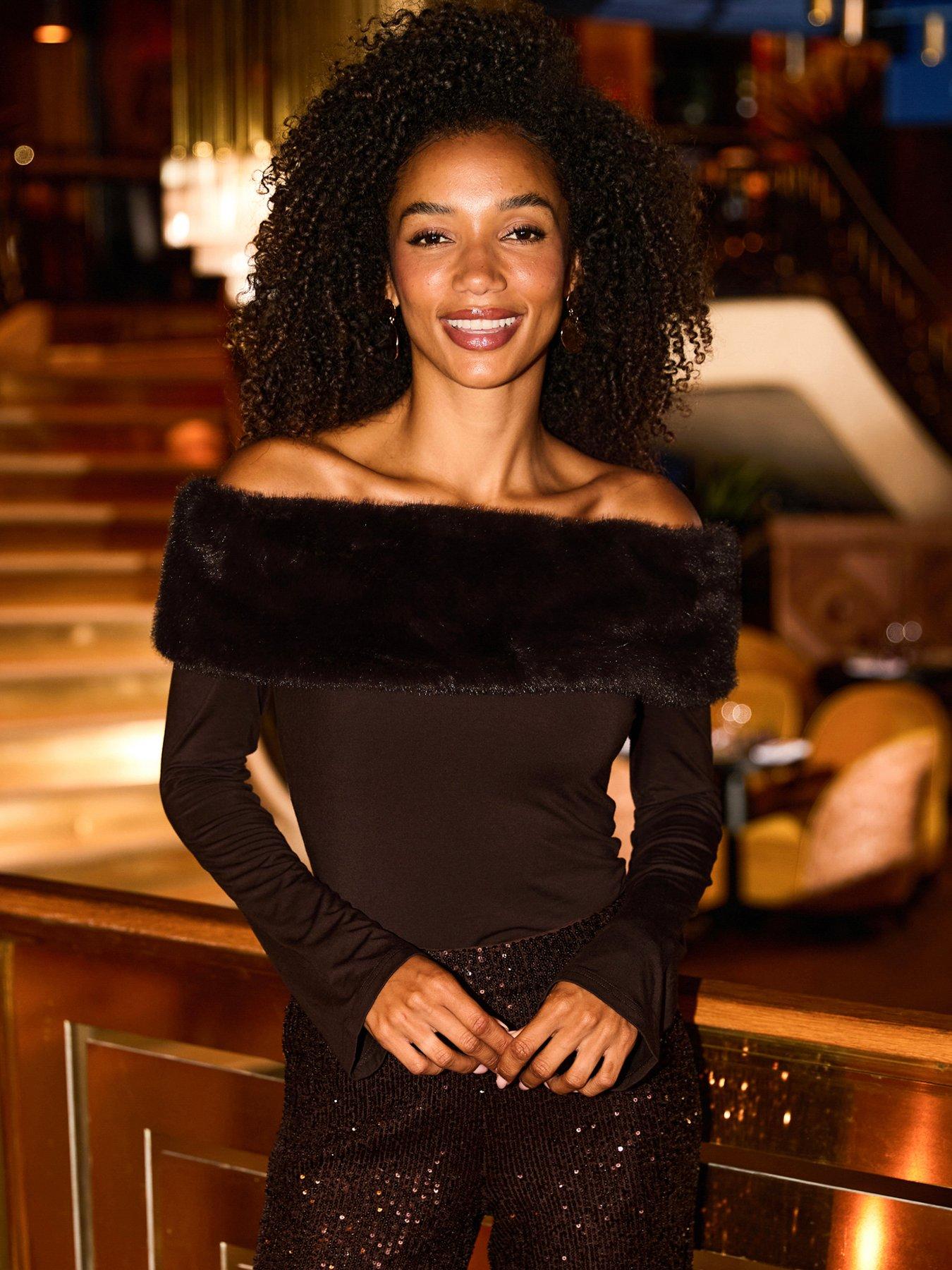 Image 1 of 6 of Sosandar Womens Bardot Detachable Faux Fur Trim Top - Chocolate