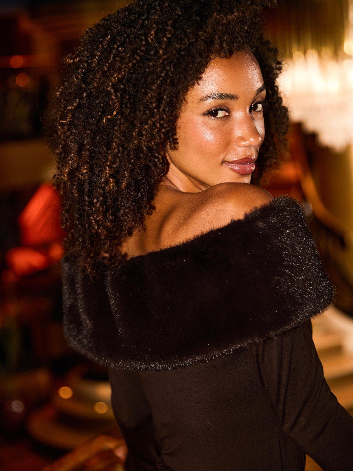 Image 5 of 6 of Sosandar Womens Bardot Detachable Faux Fur Trim Top - Chocolate