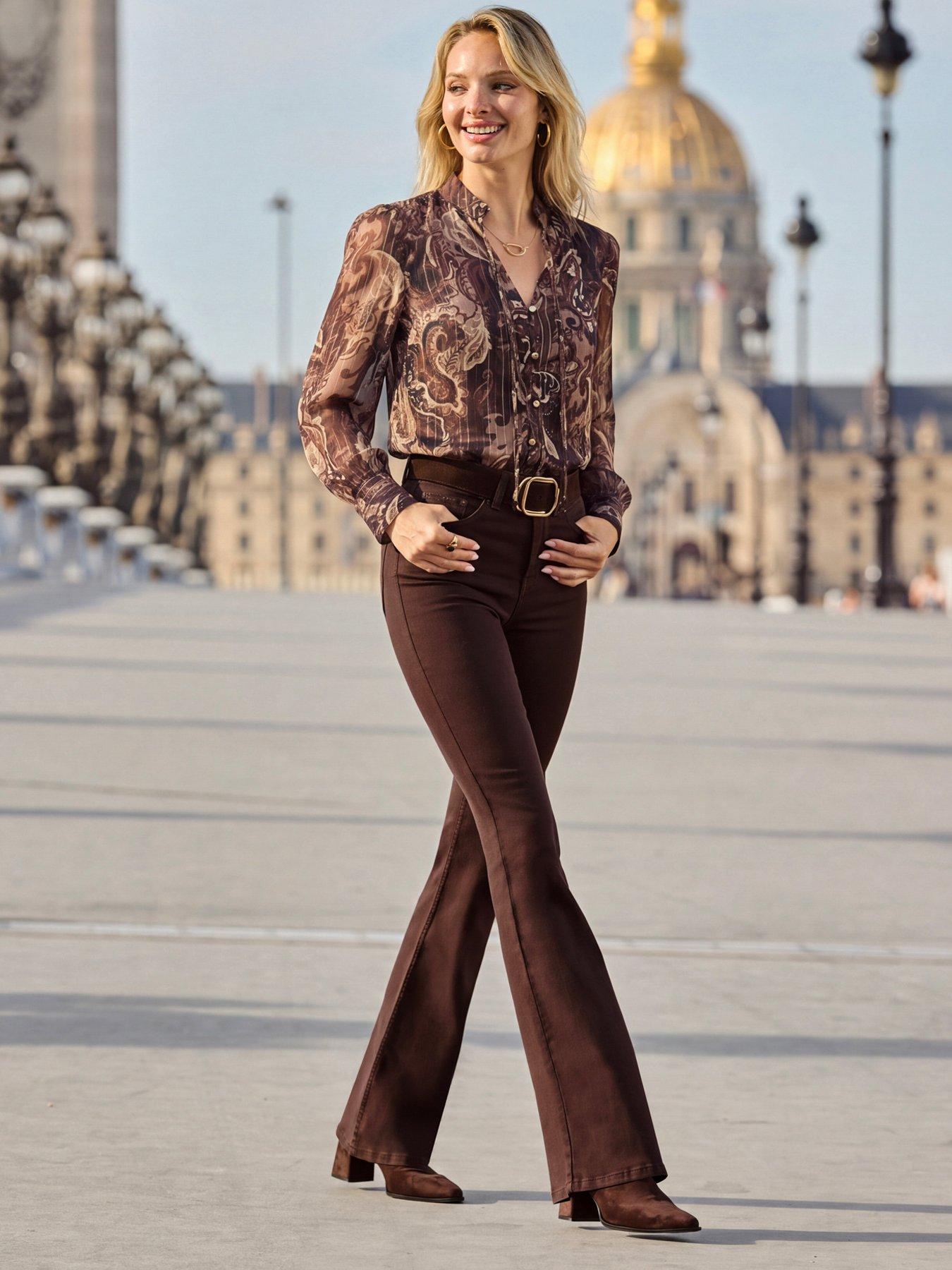 Image 1 of 6 of Sosandar Womens Kick Flare Stretch Jeans - Brown