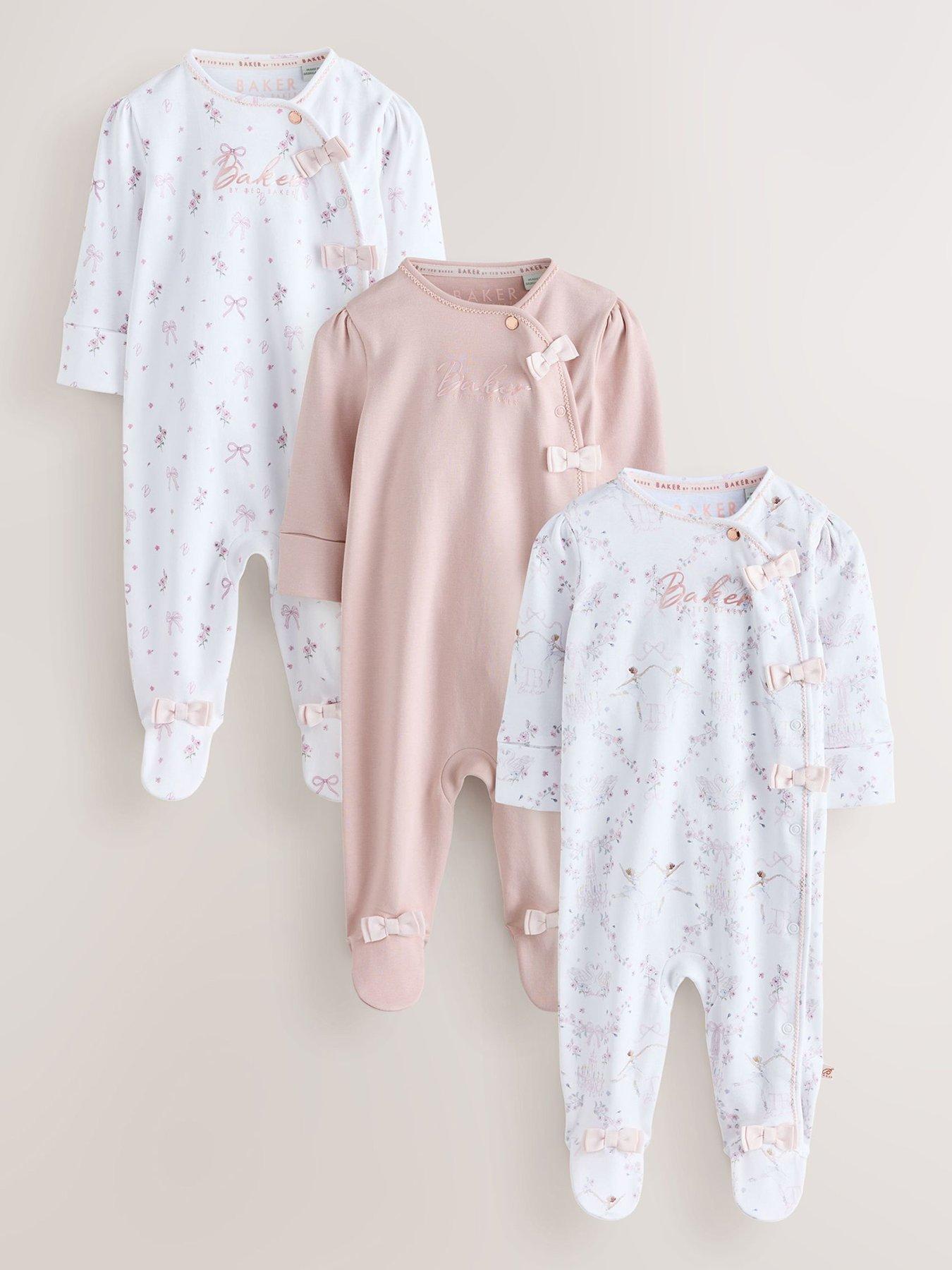 Image 1 of 6 of Ted Baker Baby Girls 3 Pack Bow Detail Sleepsuits - Light Pink