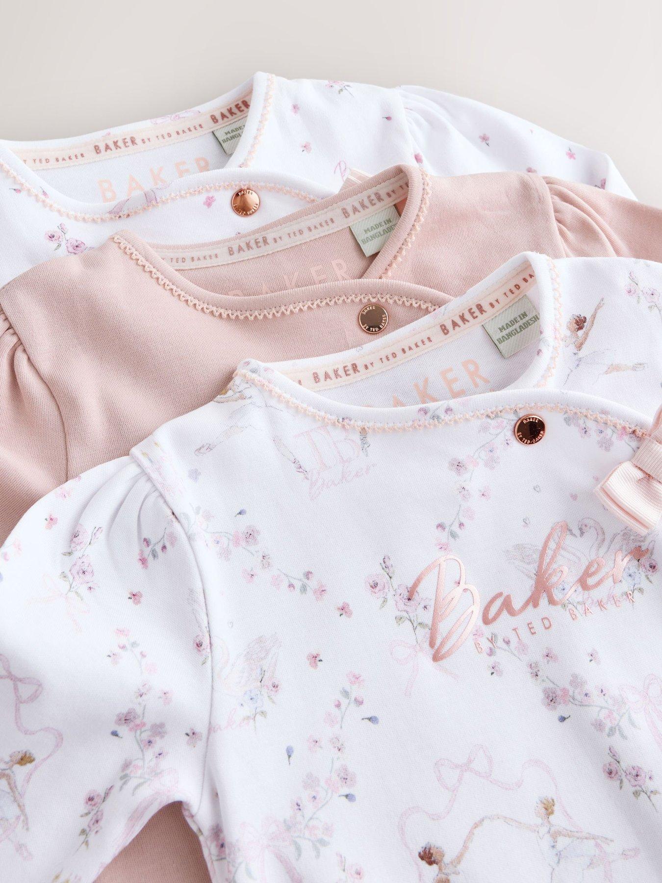 Image 5 of 6 of Ted Baker Baby Girls 3 Pack Bow Detail Sleepsuits - Light Pink