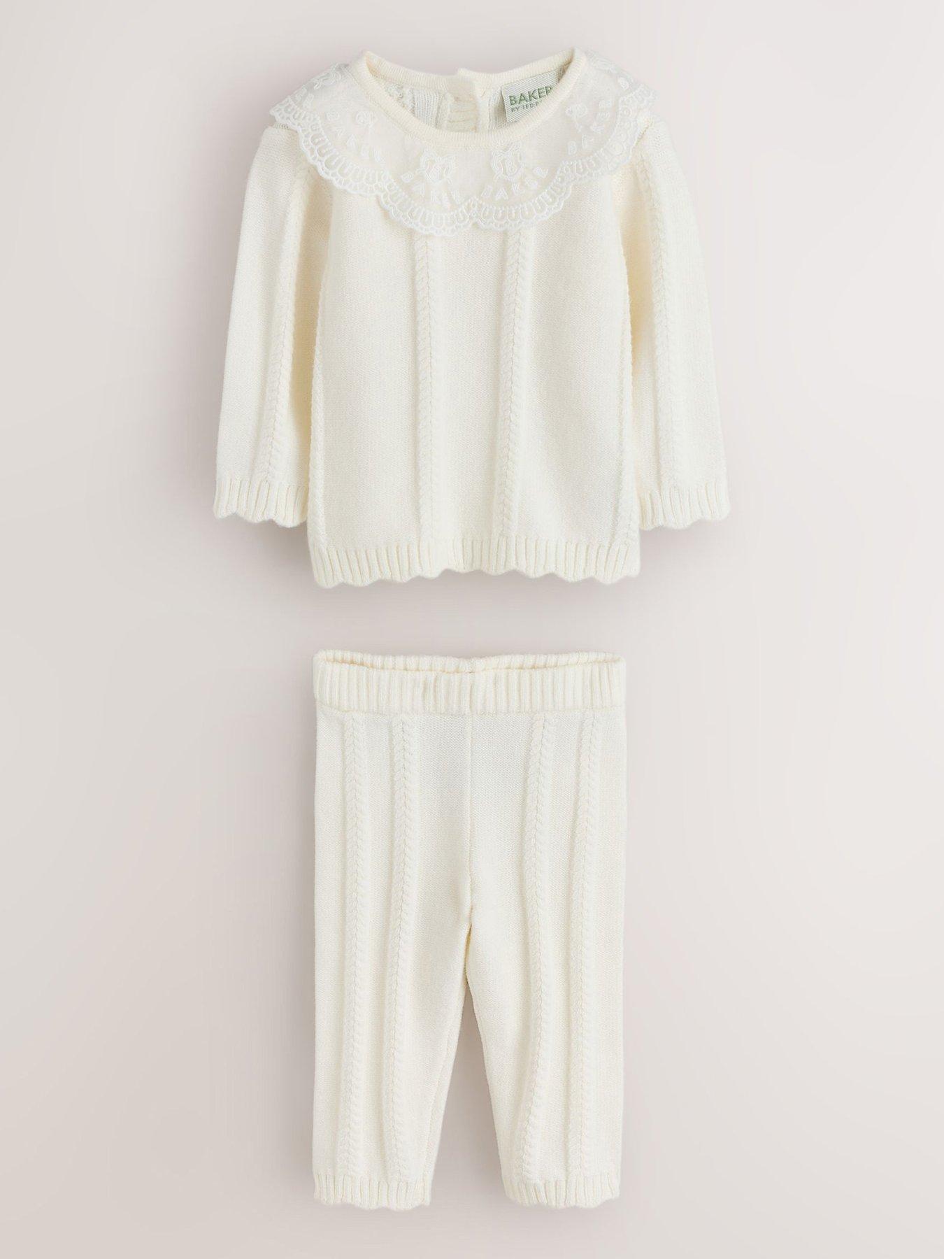 Image 1 of 6 of Ted Baker Baby Girls 2 Piece Organza Collared Cable Knit Set - Cream