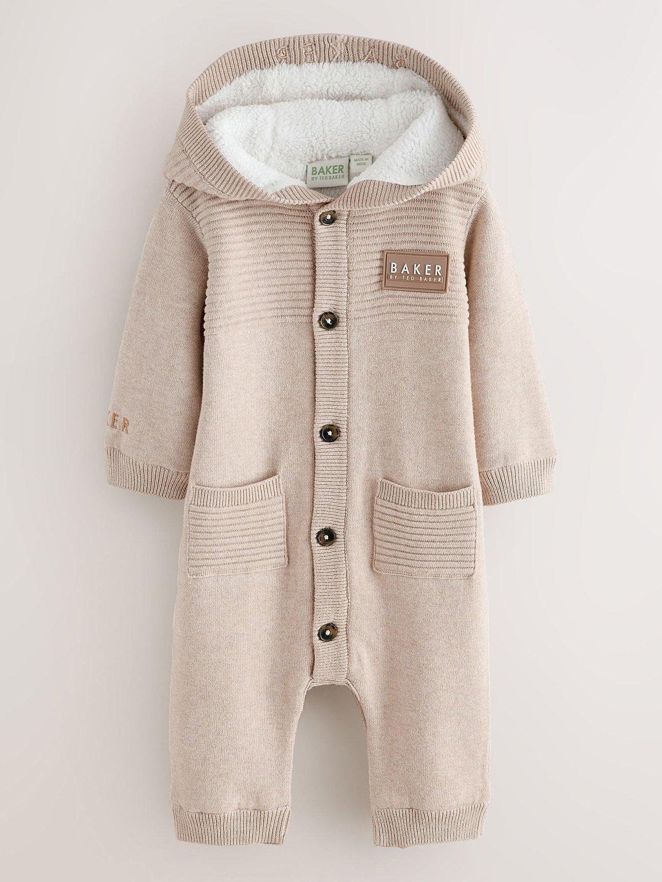 Image 1 of 6 of Ted Baker Baby Unisex Knitted Hooded Lined Romper - Stone