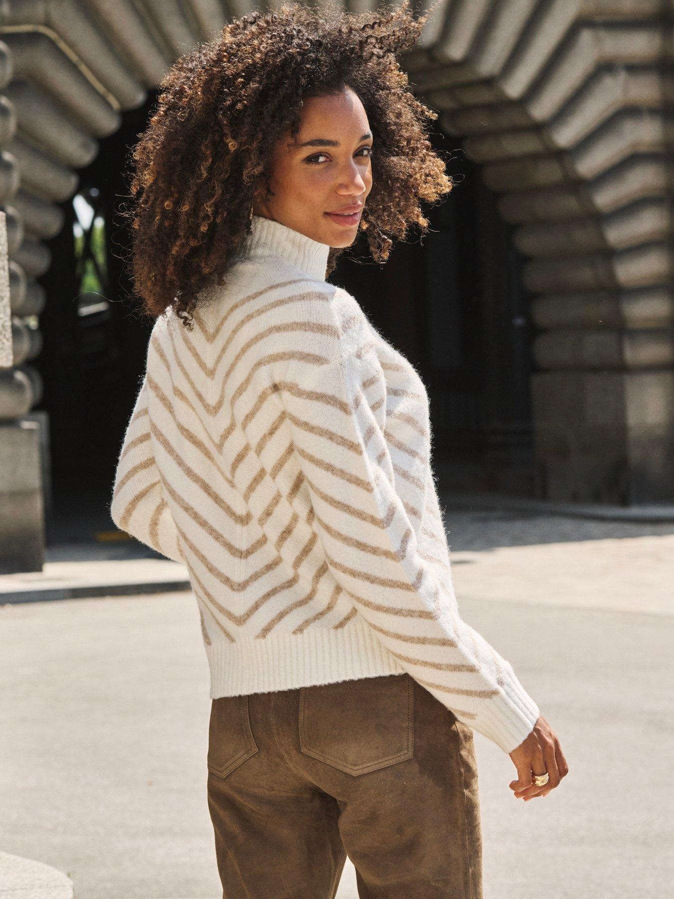 Image 2 of 6 of Sosandar Taupe &amp; Cream Chevron Stripe Roll Neck Jumper