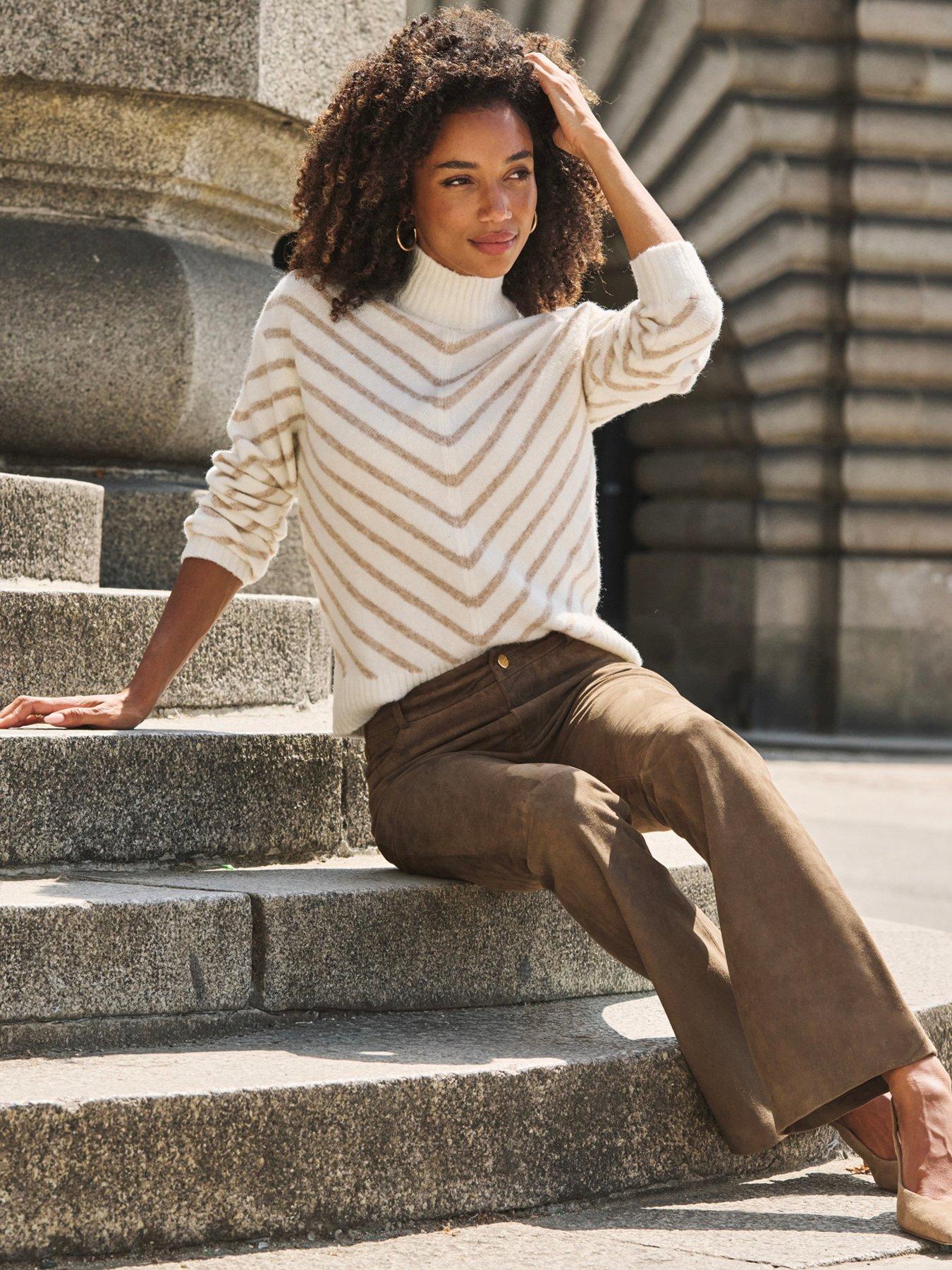 Image 5 of 6 of Sosandar Taupe &amp; Cream Chevron Stripe Roll Neck Jumper