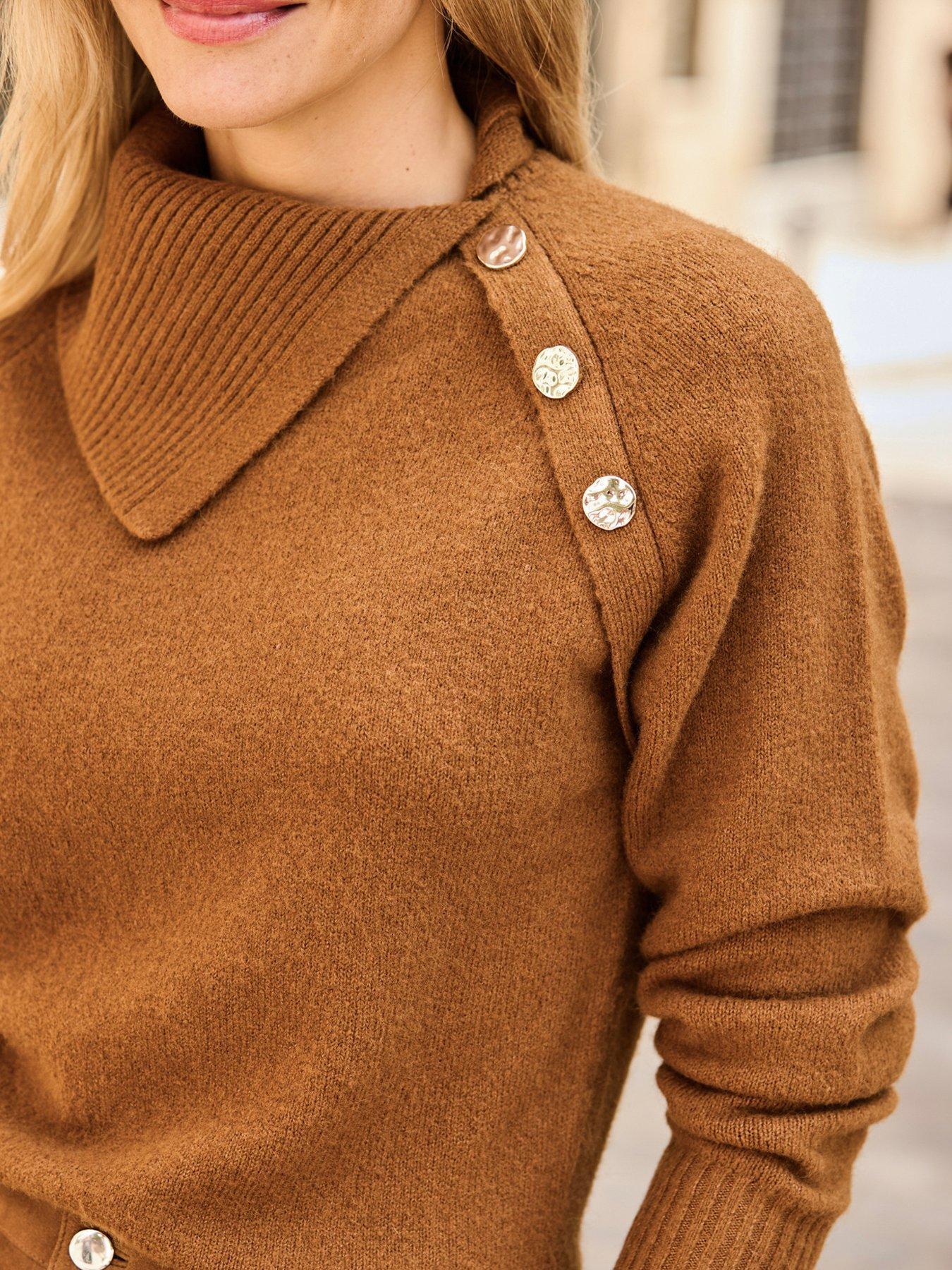 Image 4 of 5 of Sosandar Womens Asymmetrical Neck Cinched Waist Jumper - Brown