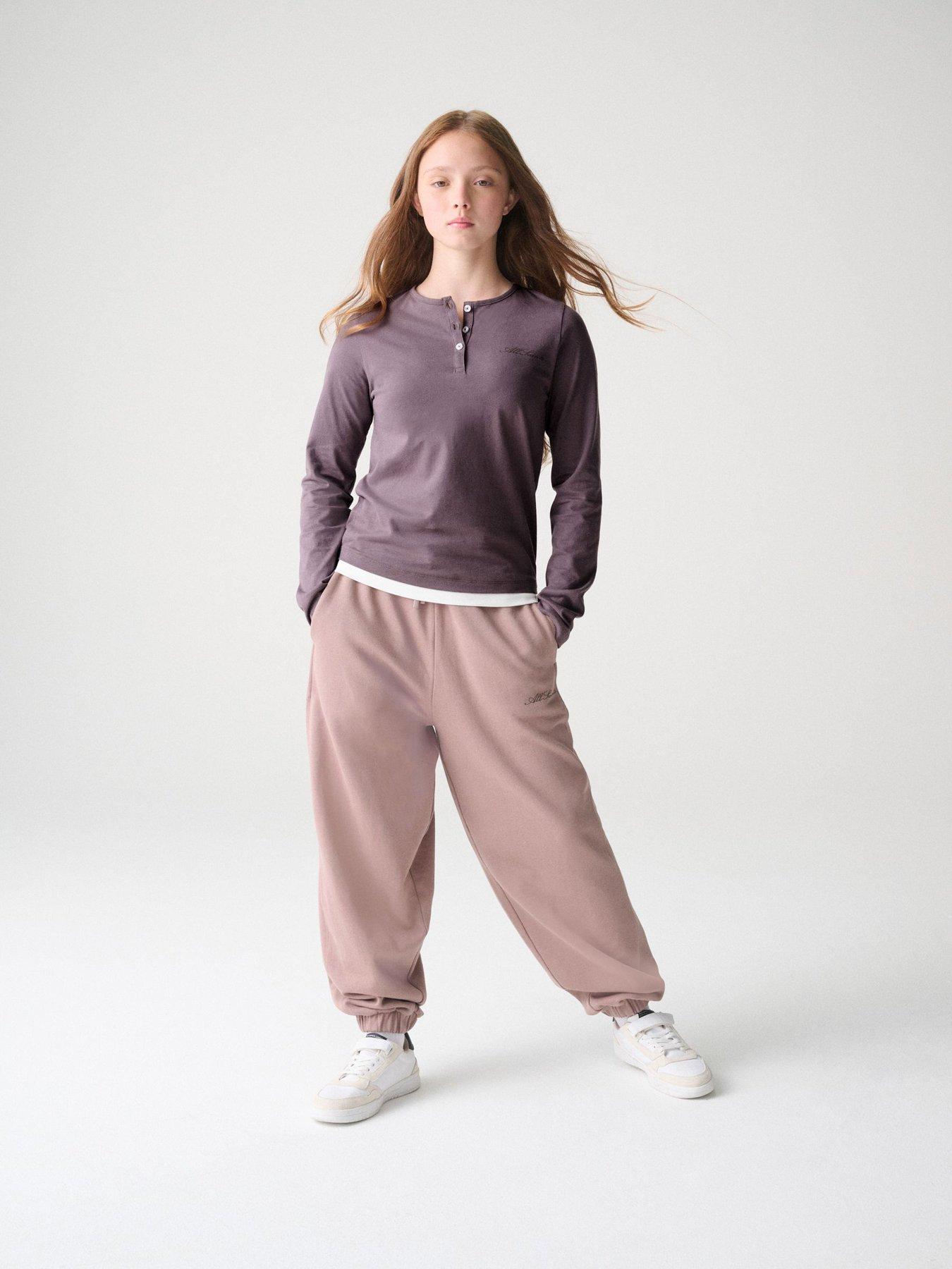 Image 1 of 7 of smALLSAINTS Girls Script Henley Top And Joggers Set - Purple