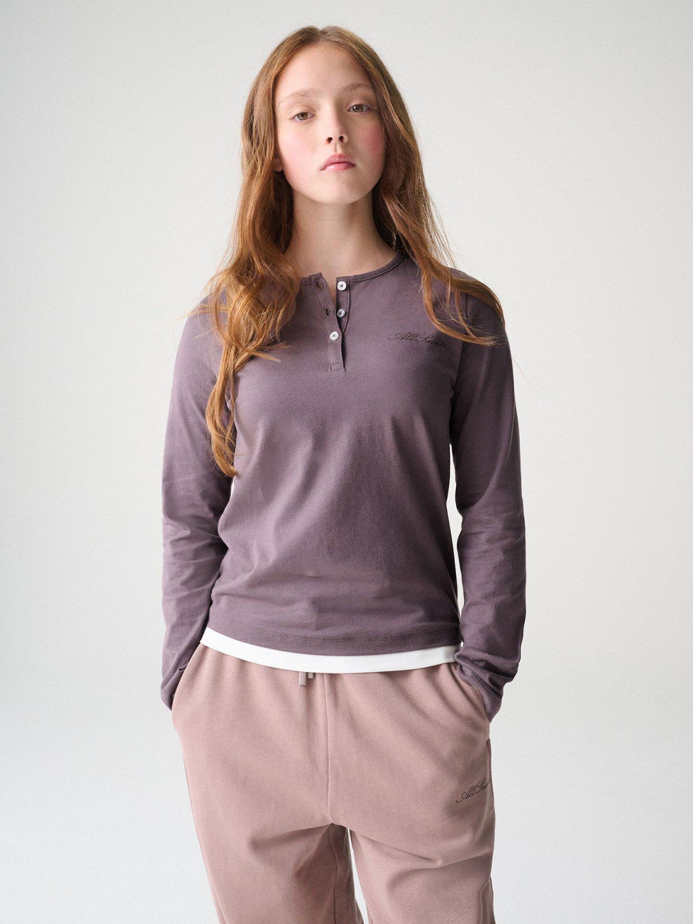 Image 3 of 7 of smALLSAINTS Girls Script Henley Top And Joggers Set - Purple