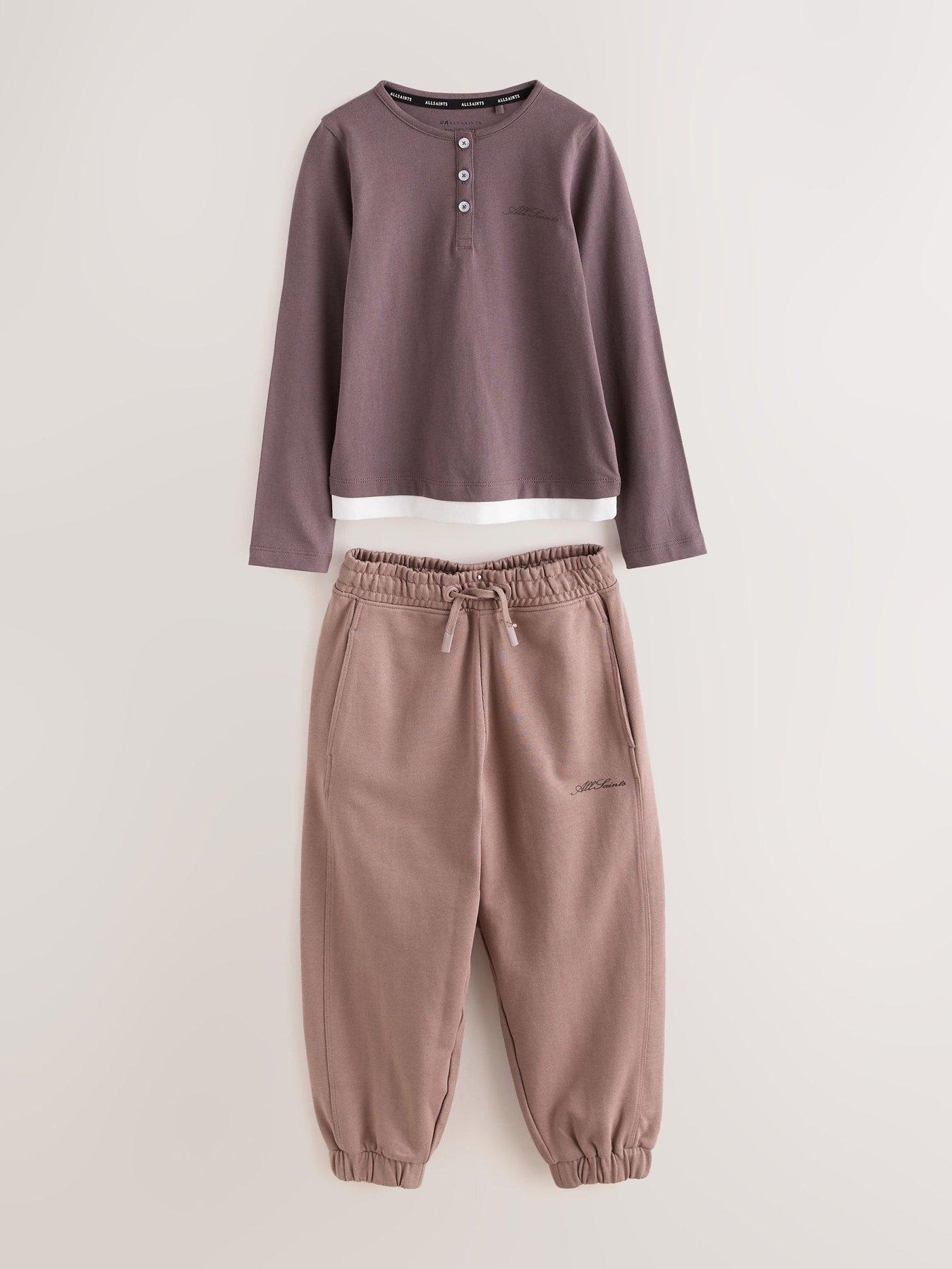Image 6 of 7 of smALLSAINTS Girls Script Henley Top And Joggers Set - Purple