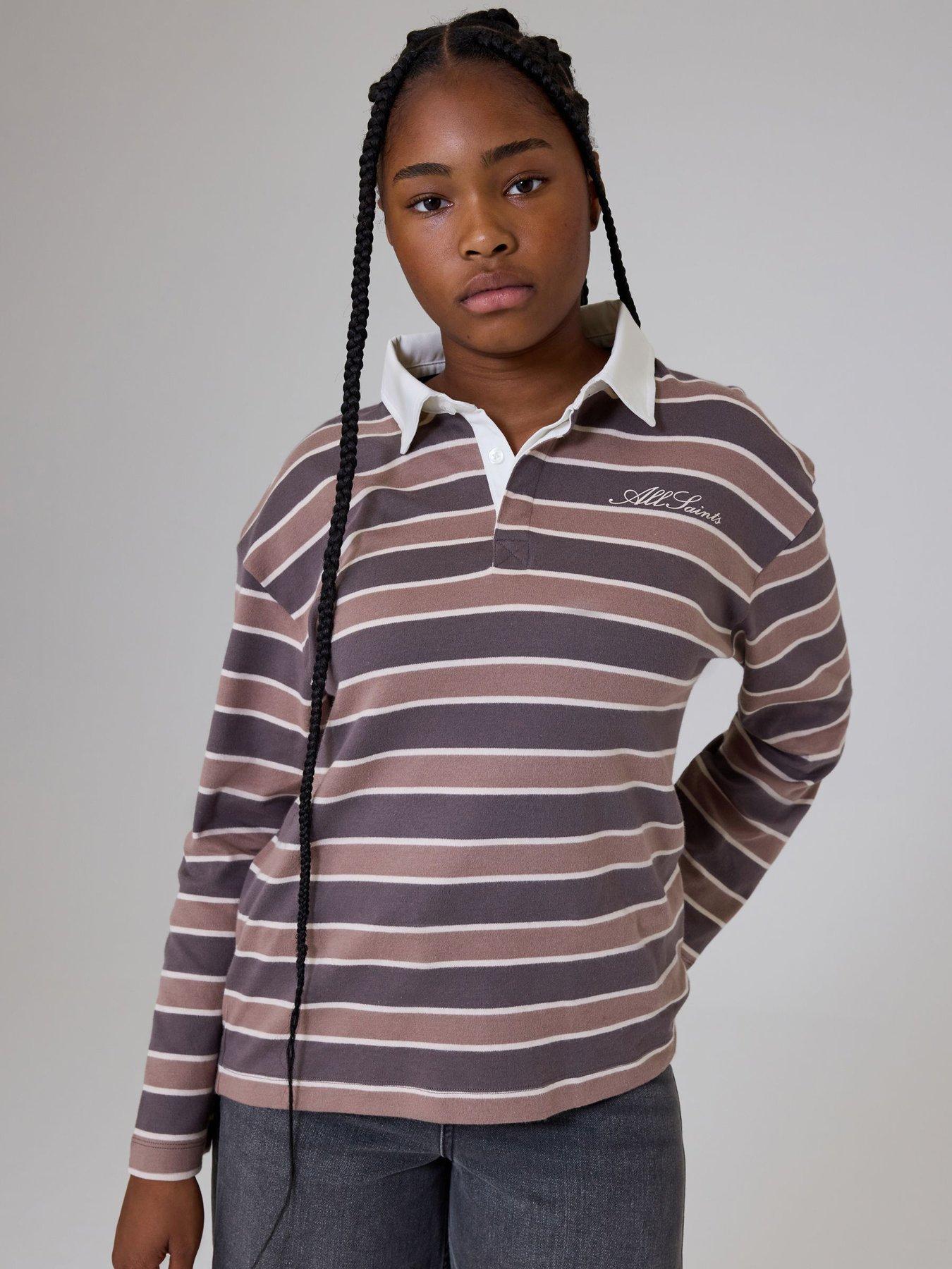 Image 1 of 7 of smALLSAINTS Girls Multi Script Logo Stripe Collared Rugby Shirt - Multi