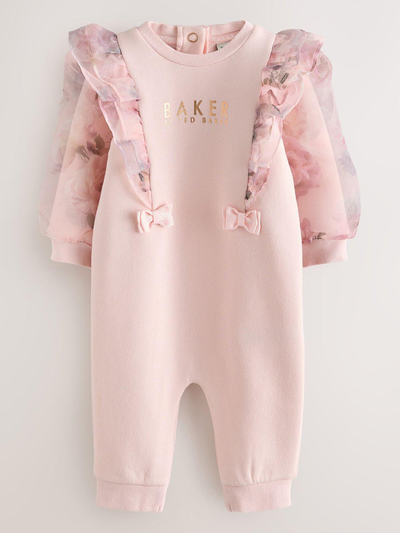 Image 1 of 6 of Ted Baker Baby Girls Floral Organza Ruffle Rompersuit - Pink
