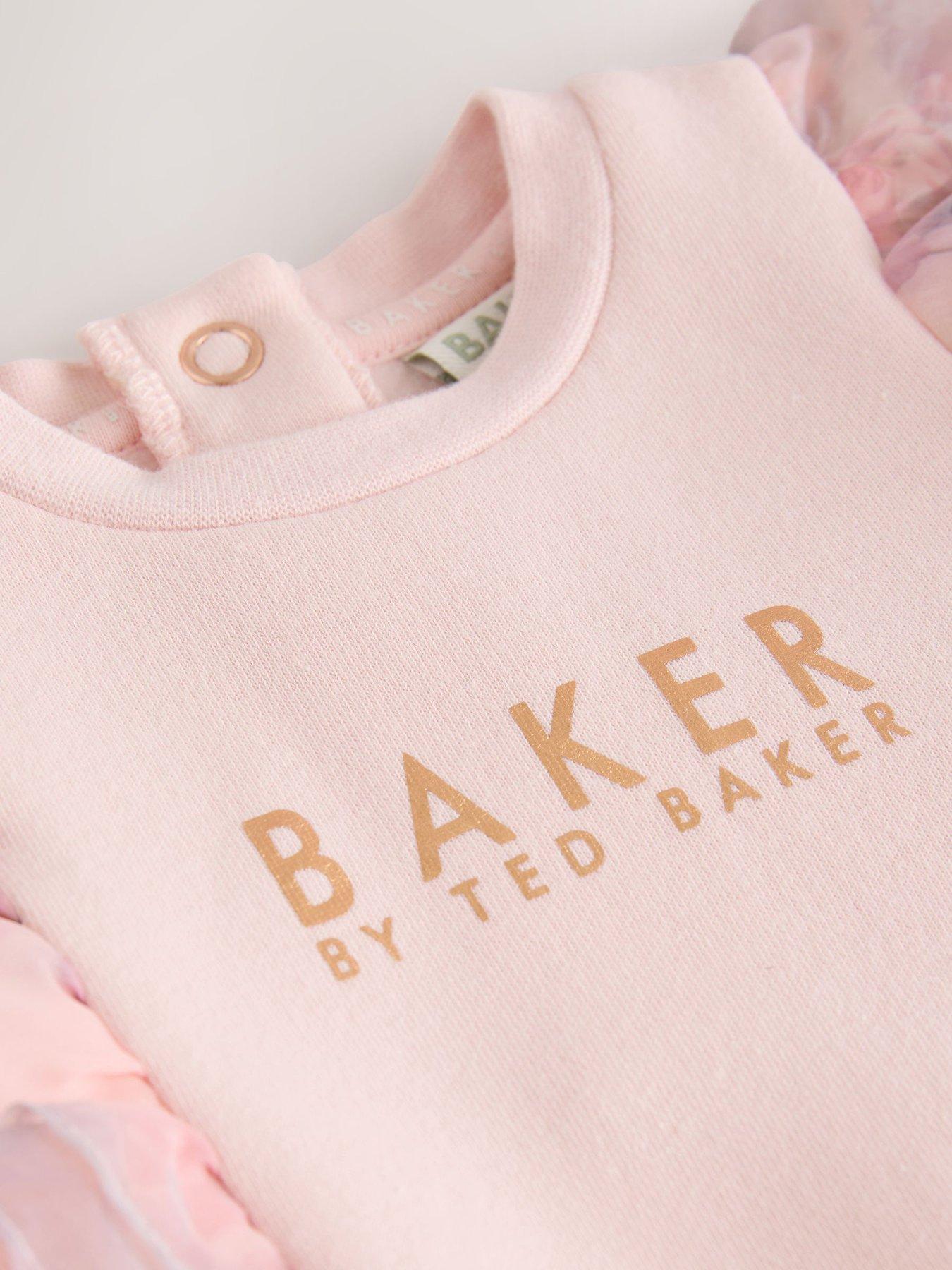 Image 4 of 6 of Ted Baker Baby Girls Floral Organza Ruffle Rompersuit - Pink