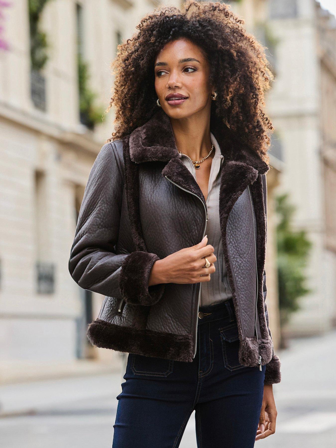 Image 1 of 6 of Sosandar Womens Faux Shearling Asymmetric Zip Aviator Jacket - Brown