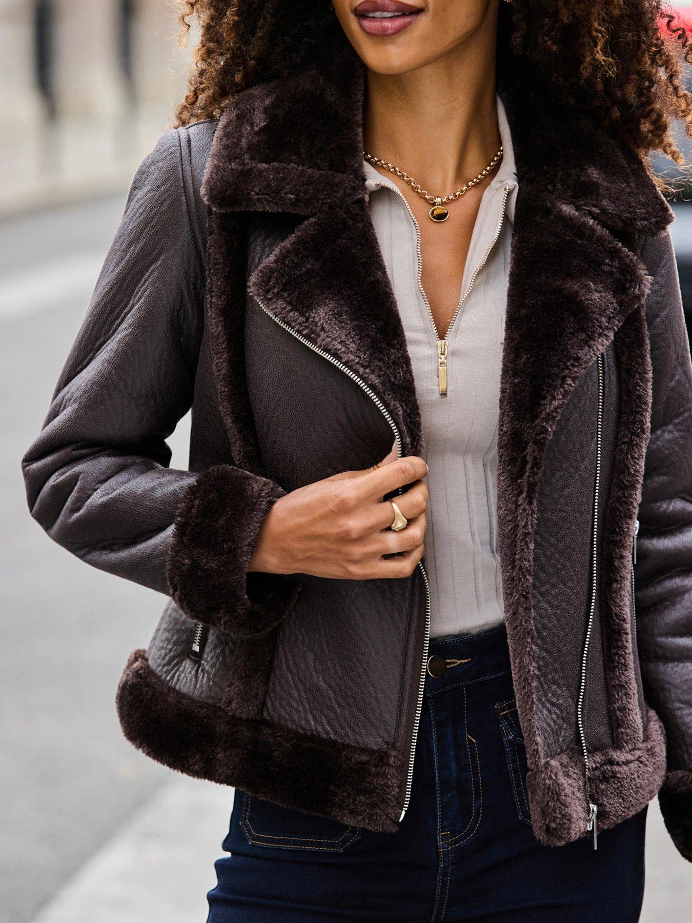 Image 5 of 6 of Sosandar Womens Faux Shearling Asymmetric Zip Aviator Jacket - Brown