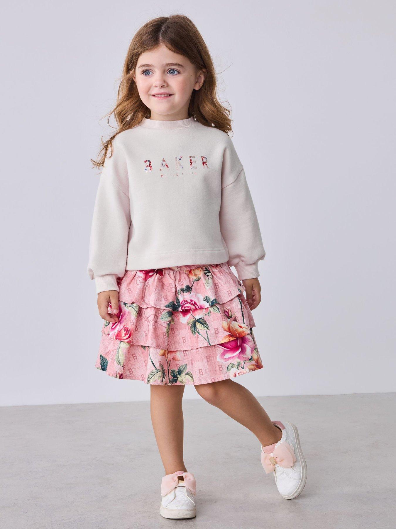Image 1 of 6 of Ted Baker Young Girls Floral Logo Tiered Skirt Set - Multi