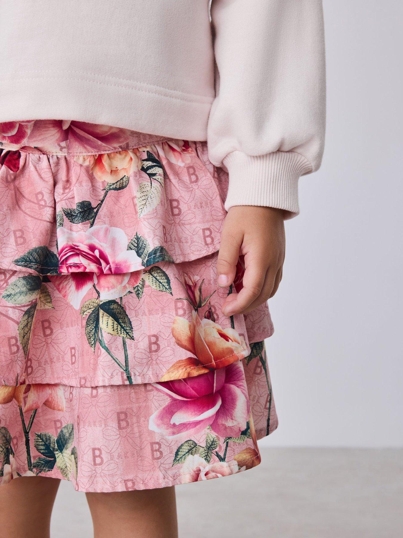 Image 6 of 6 of Ted Baker Young Girls Floral Logo Tiered Skirt Set - Multi
