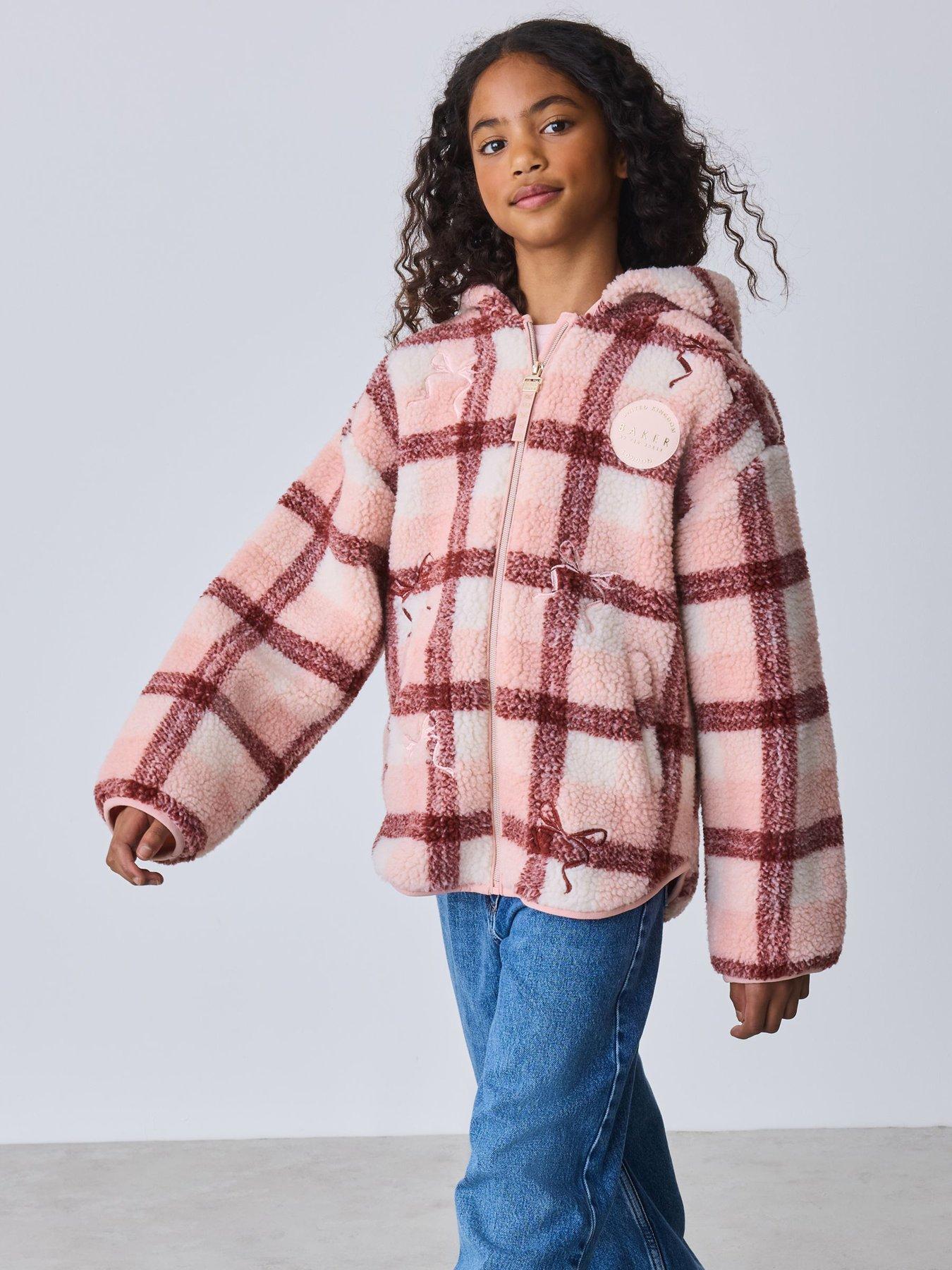Image 1 of 7 of Ted Baker Girls Check Print Bow Borg Hooded Fleece - Pink