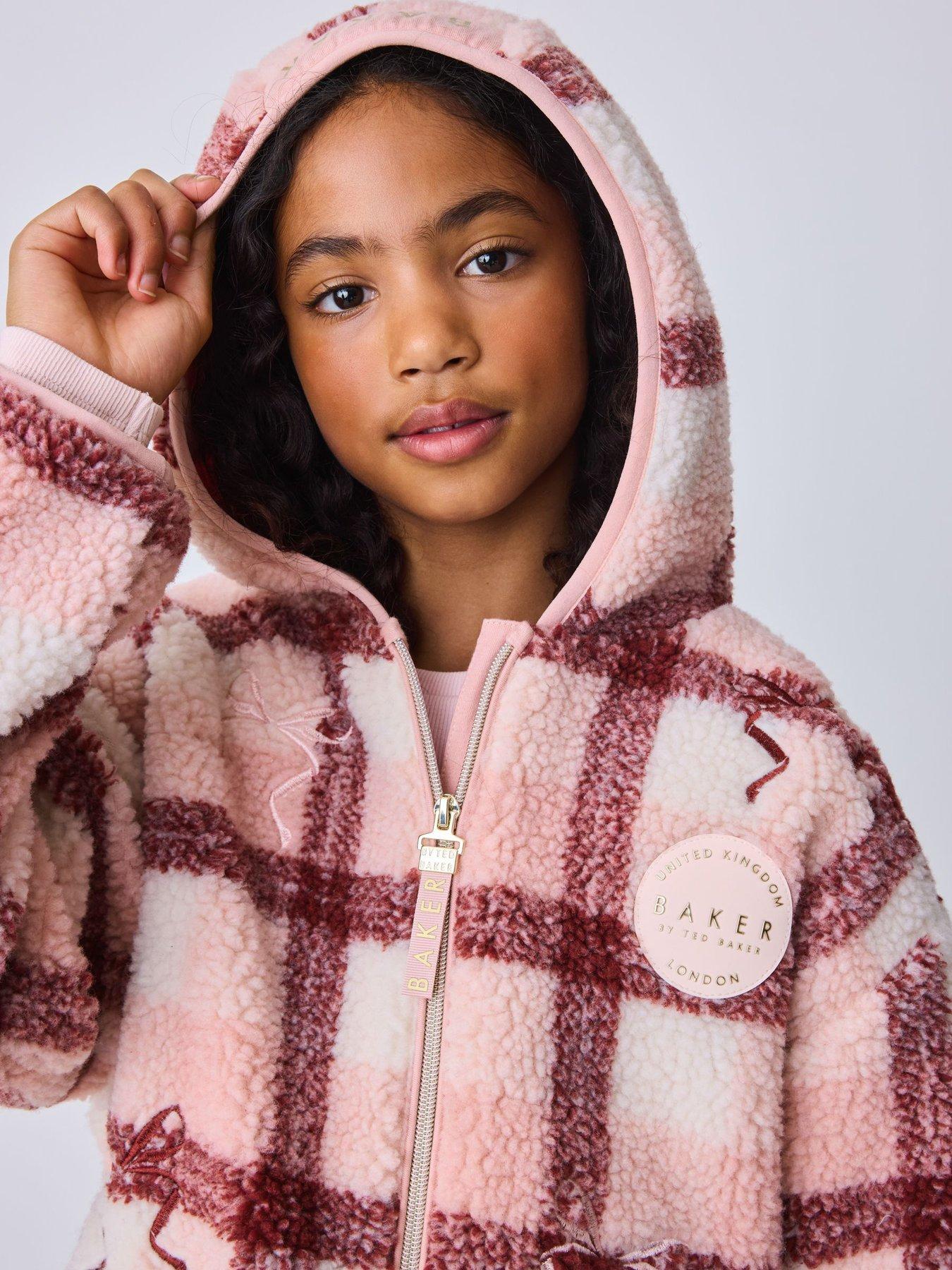 Image 7 of 7 of Ted Baker Girls Check Print Bow Borg Hooded Fleece - Pink