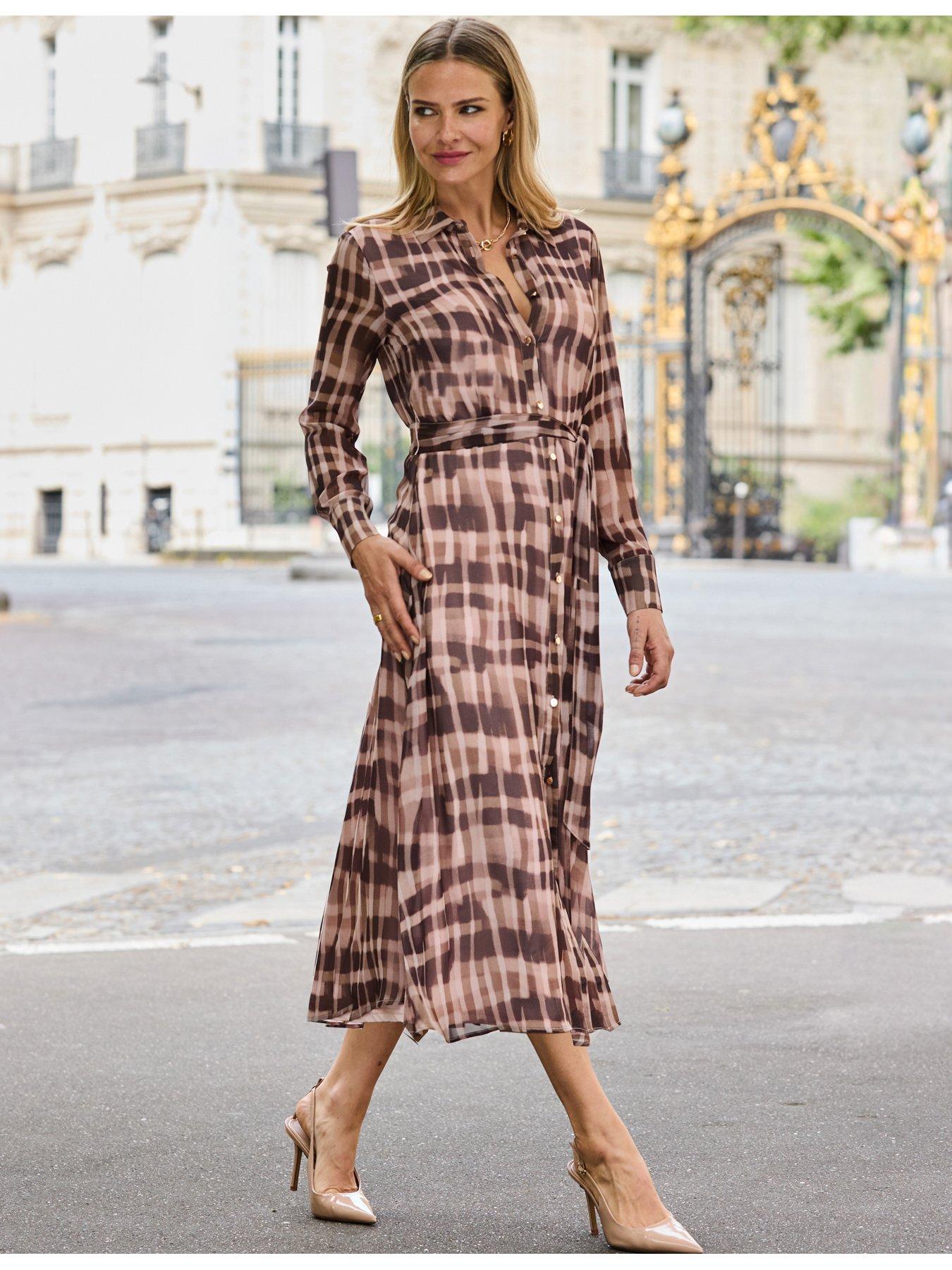 Image 1 of 5 of Sosandar Womens Abstract Check Tie Waist Shirt Dress - Brown