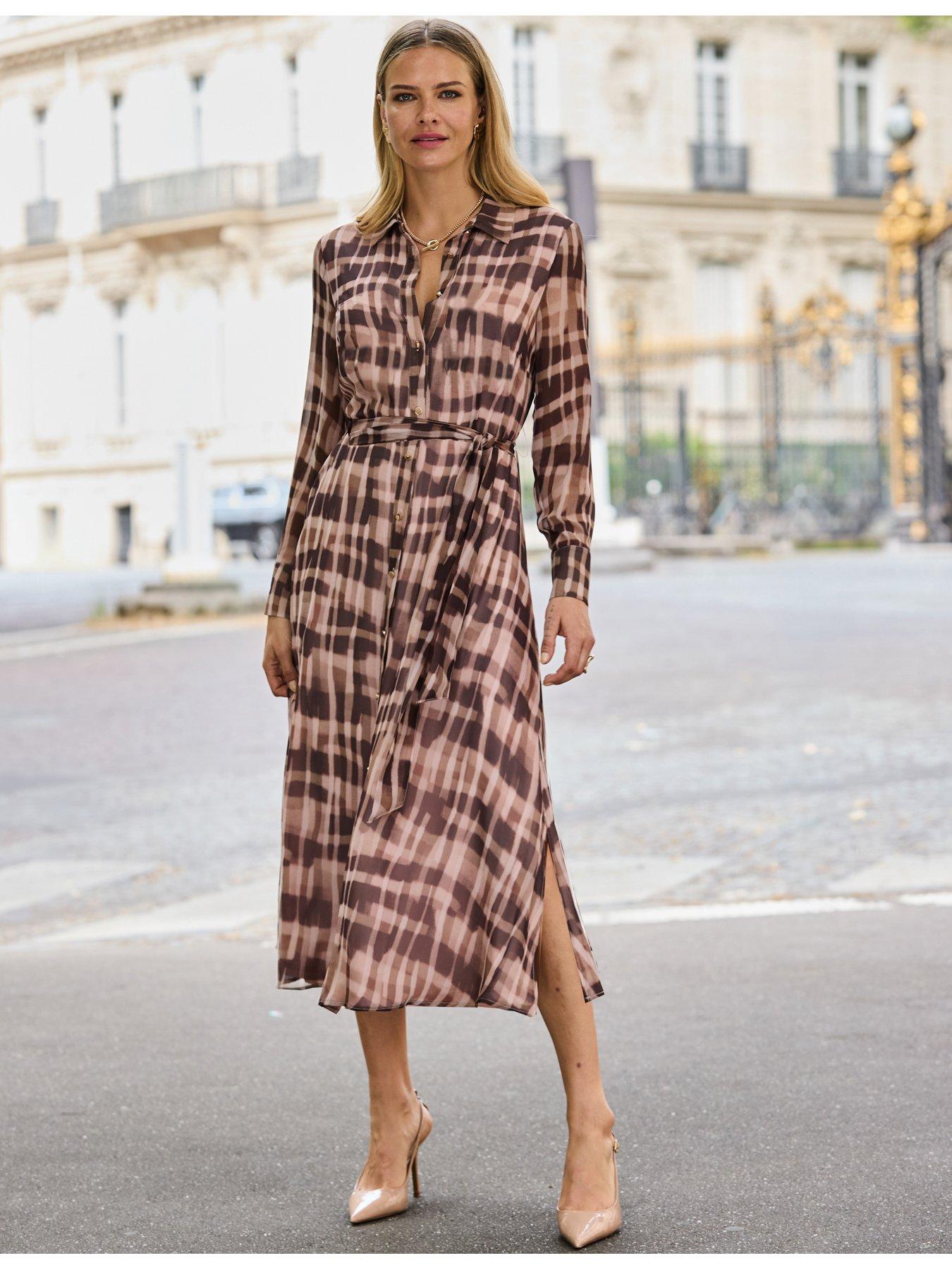 Image 2 of 5 of Sosandar Womens Abstract Check Tie Waist Shirt Dress - Brown