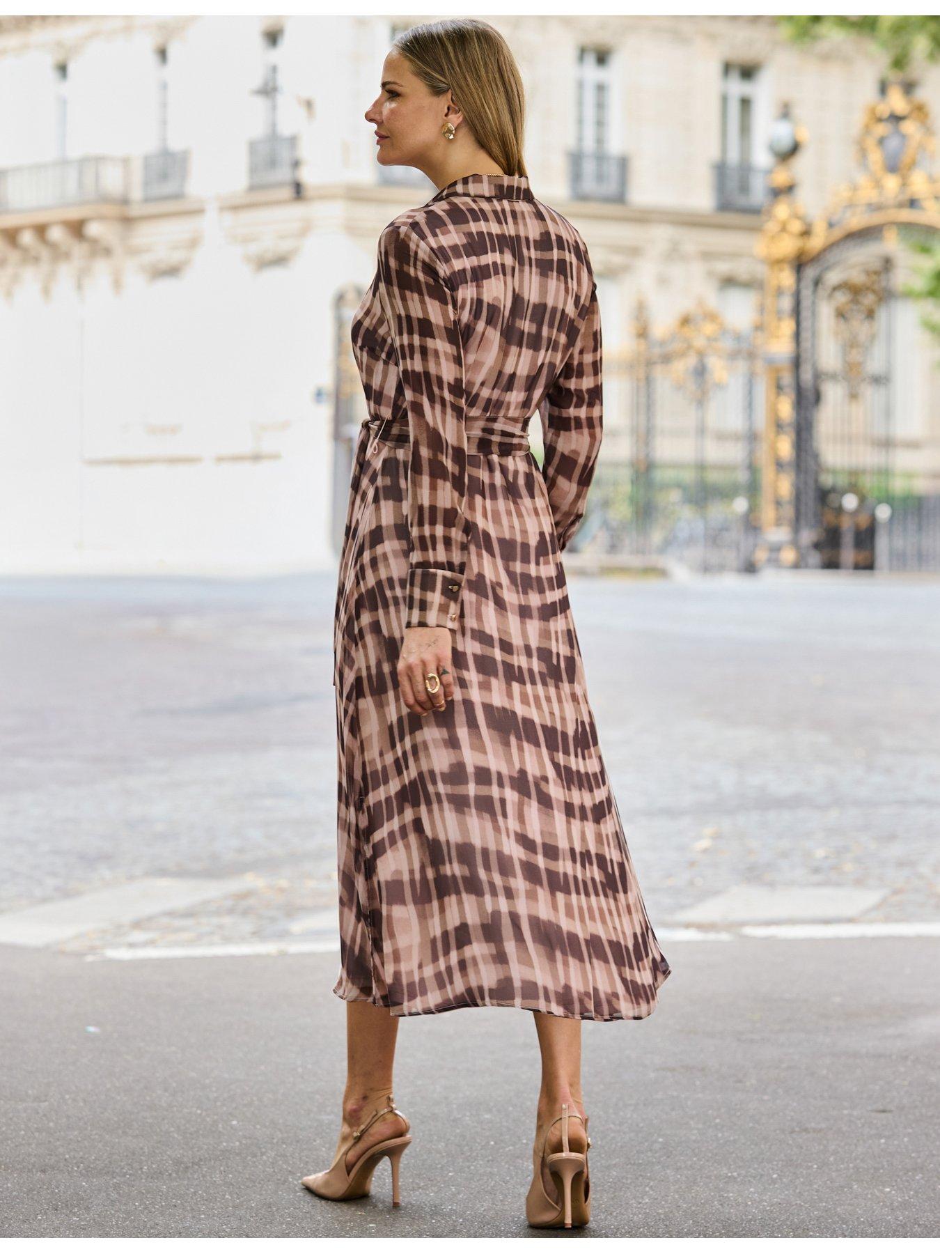 Image 3 of 5 of Sosandar Womens Abstract Check Tie Waist Shirt Dress - Brown