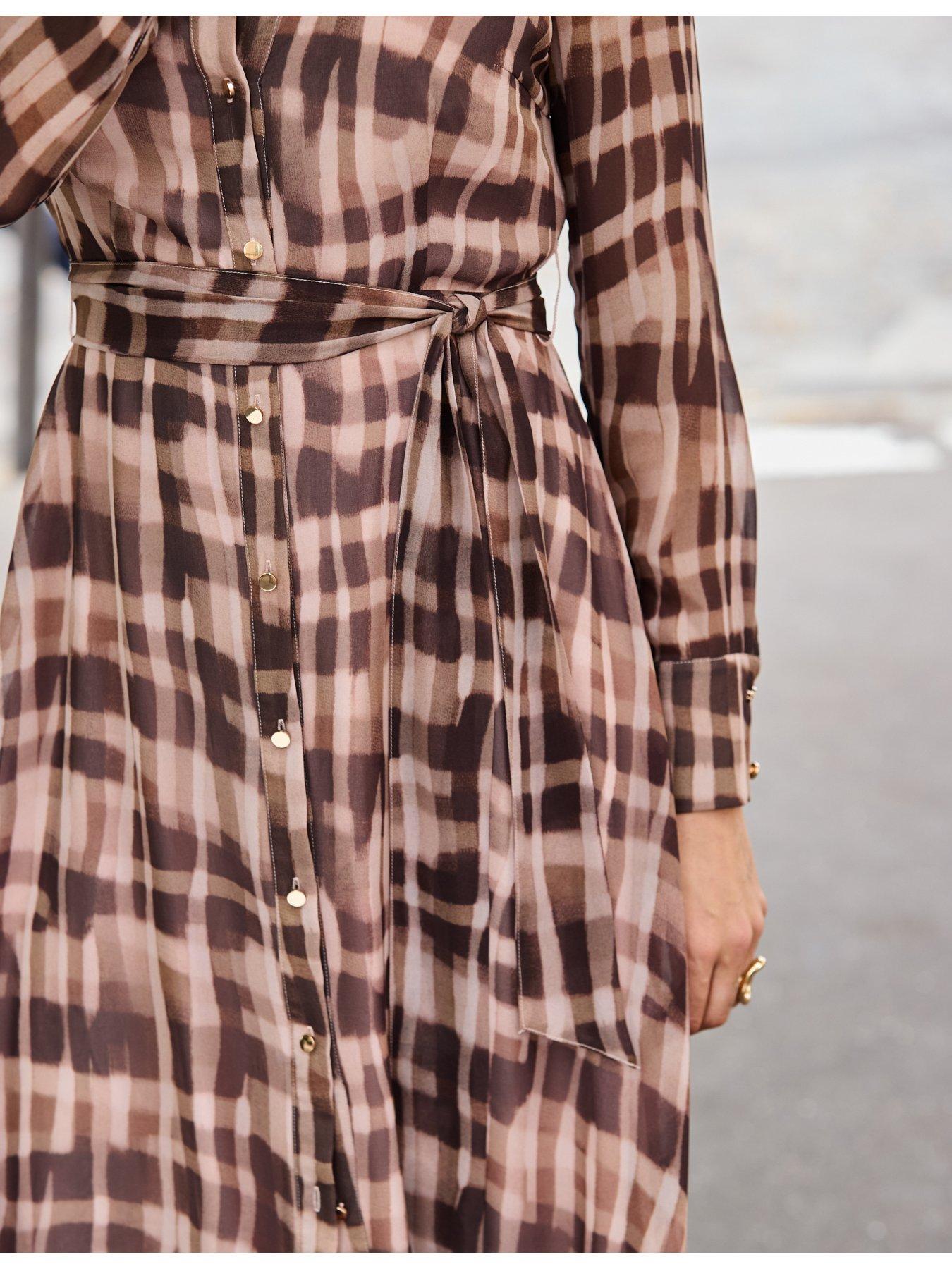 Image 5 of 5 of Sosandar Womens Abstract Check Tie Waist Shirt Dress - Brown