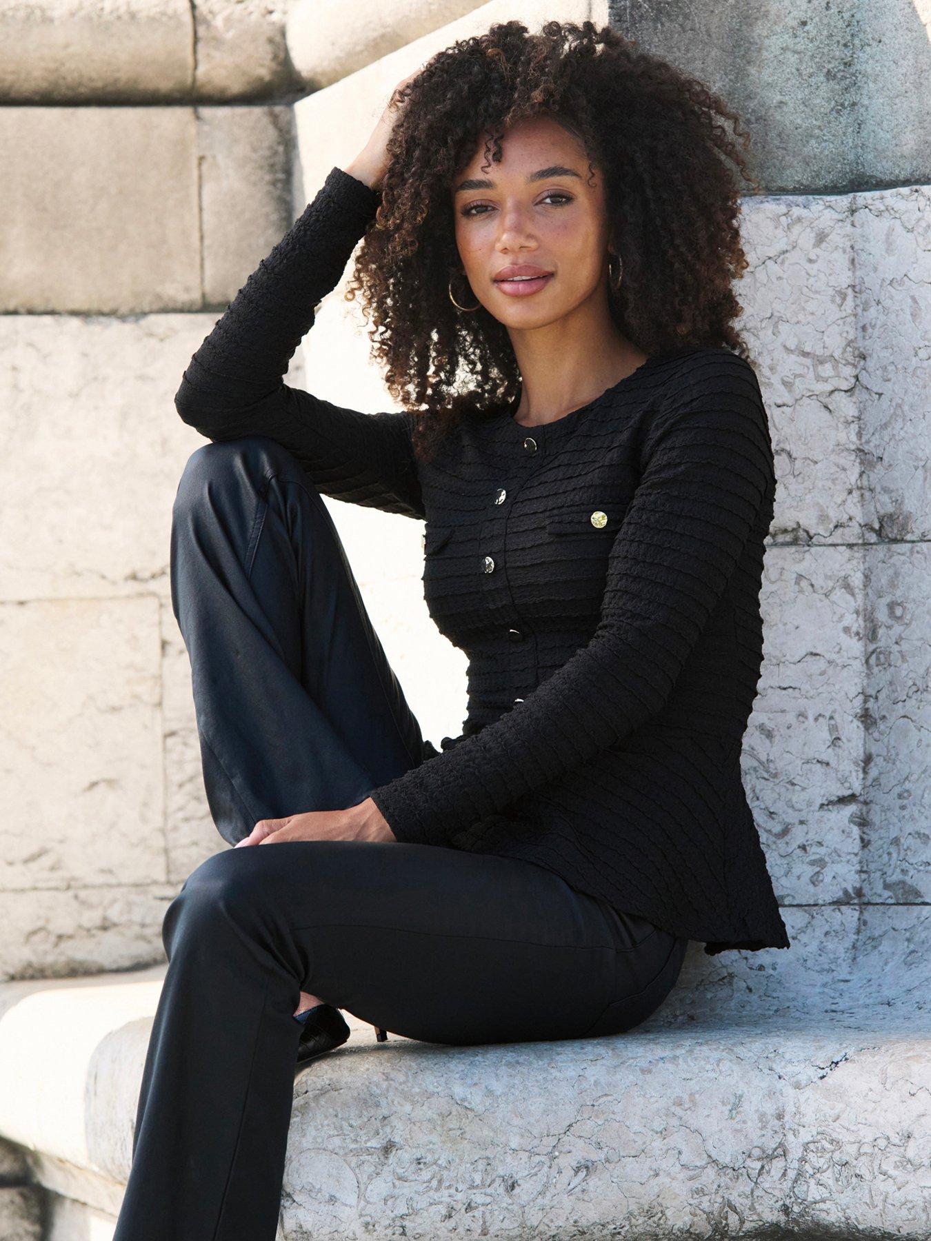 Image 1 of 6 of Sosandar Womens Textured Button Front Peplum Top - Black