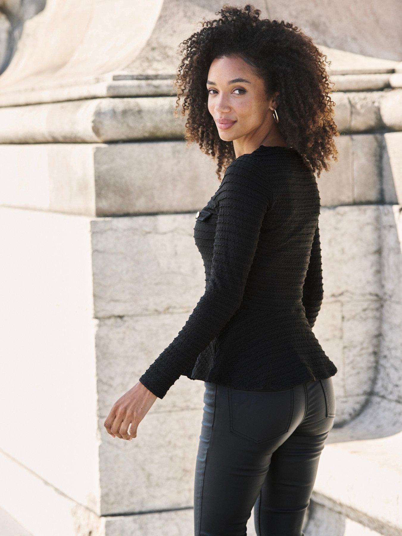 Image 3 of 6 of Sosandar Womens Textured Button Front Peplum Top - Black