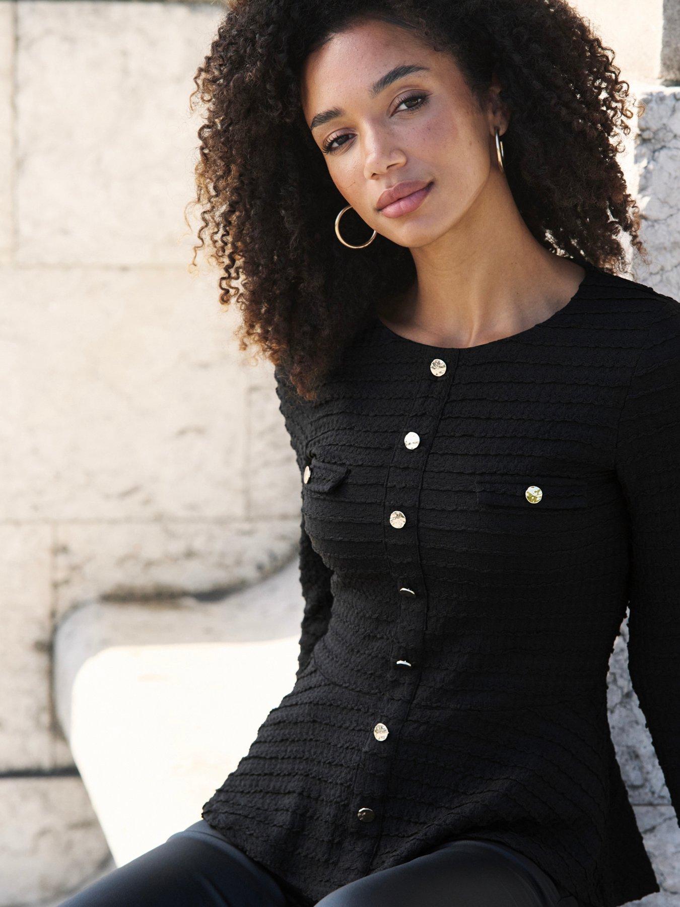 Image 5 of 6 of Sosandar Womens Textured Button Front Peplum Top - Black