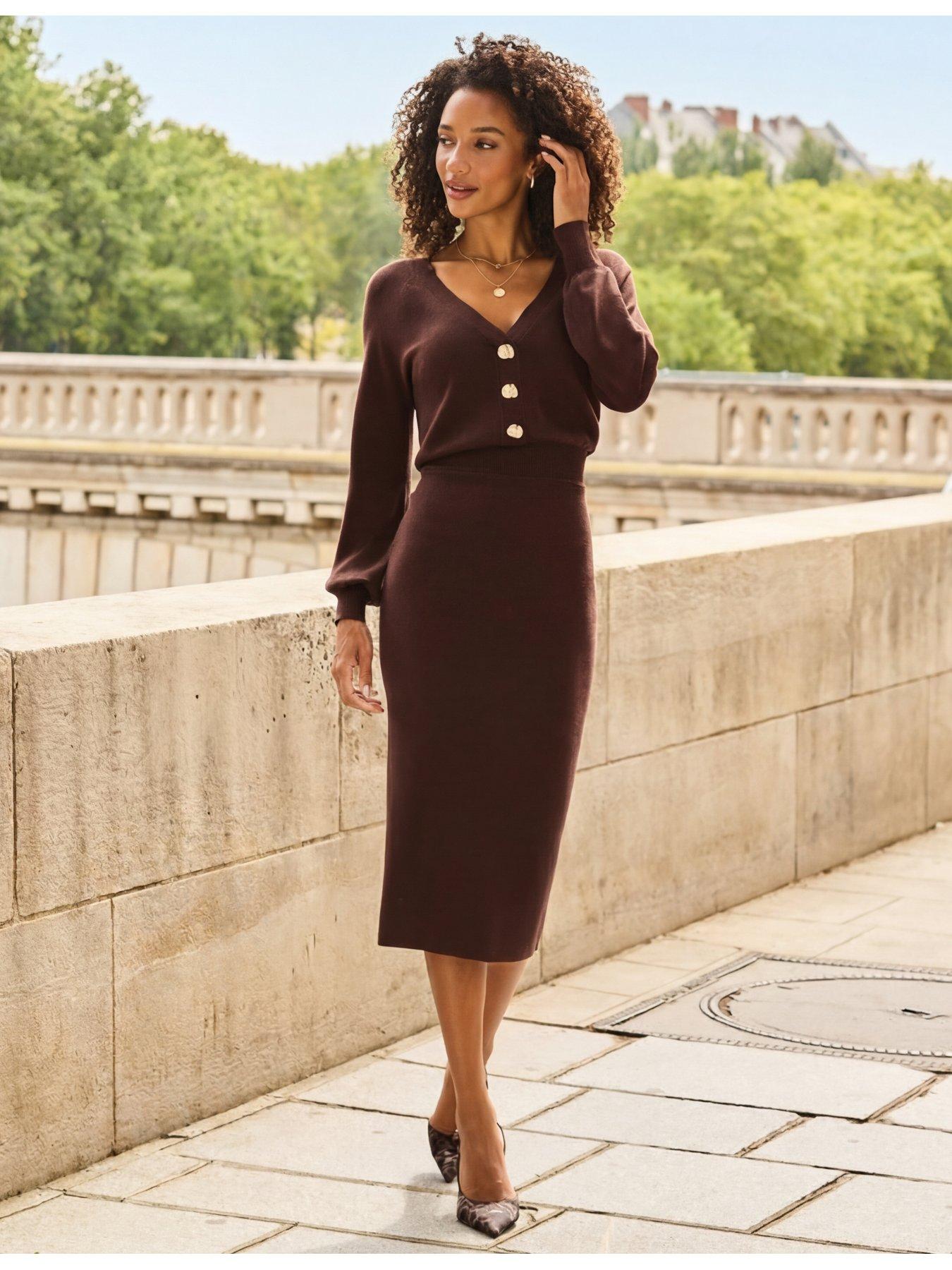 Image 4 of 5 of Sosandar Womens Blouson Sleeve V-Neck Button Front Knitted Dress - Brown