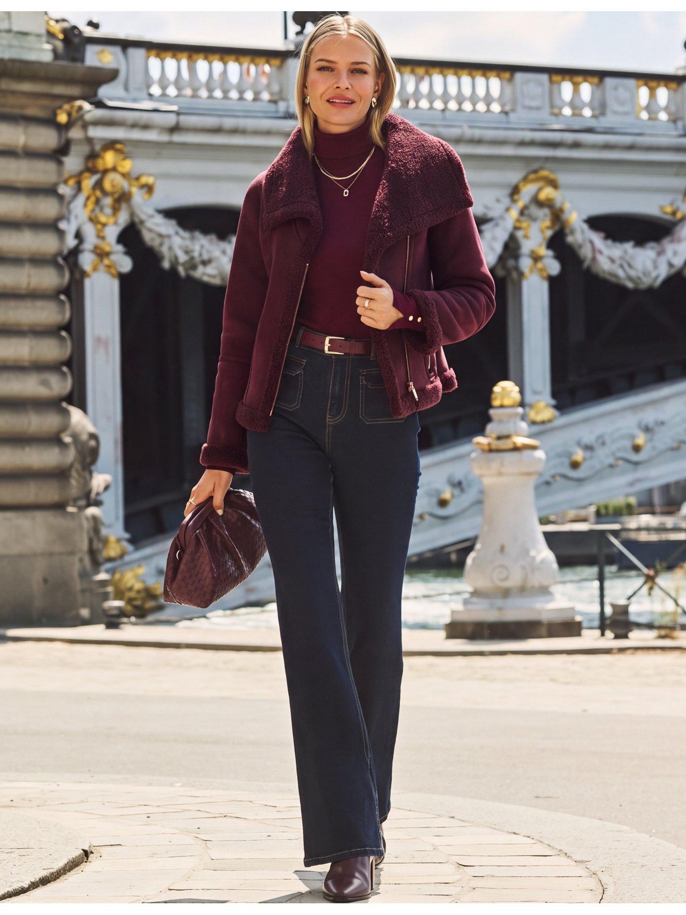 Image 1 of 6 of Sosandar Womens Faux Shearling Funnel Collar Jacket - Burgundy