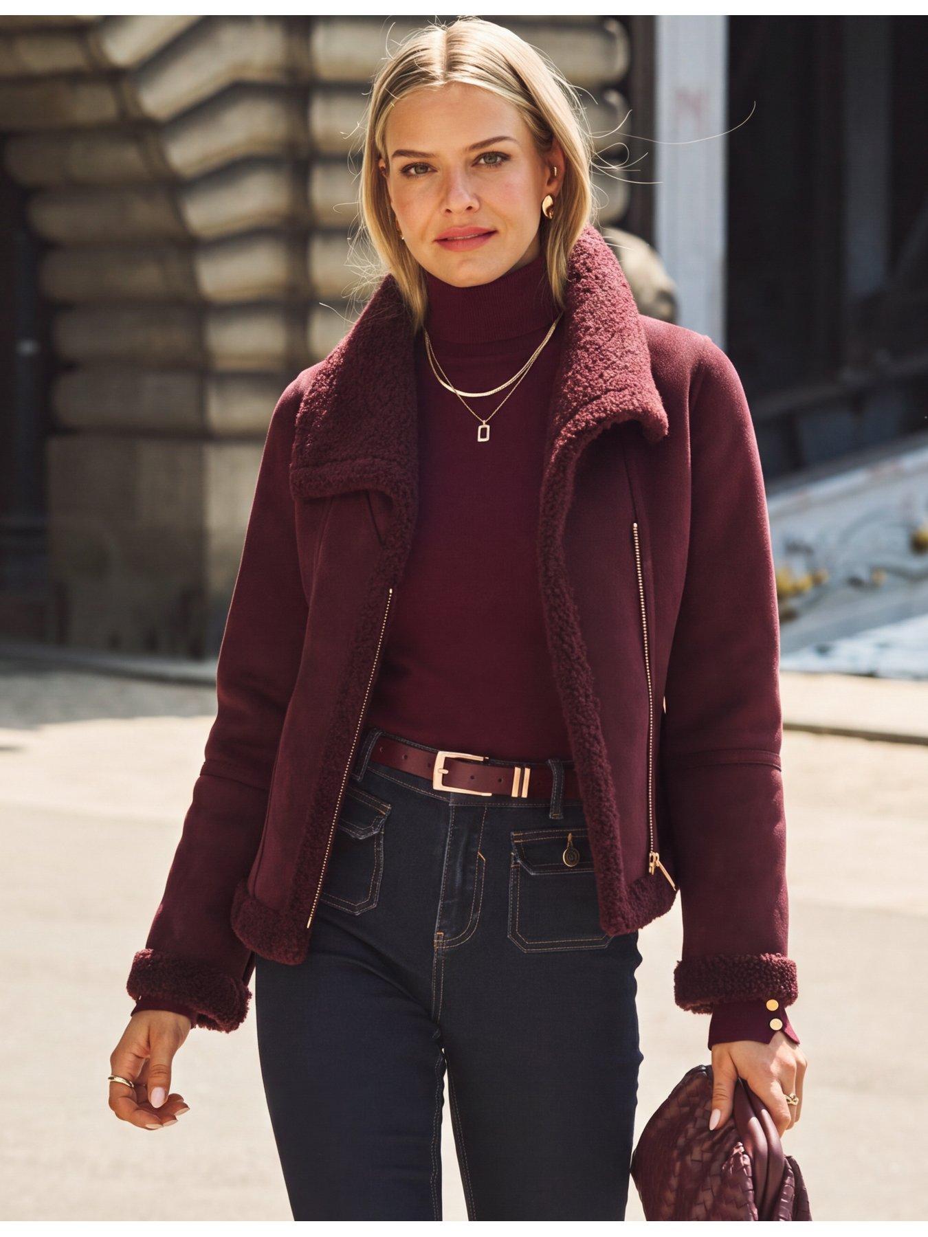 Image 4 of 6 of Sosandar Womens Faux Shearling Funnel Collar Jacket - Burgundy