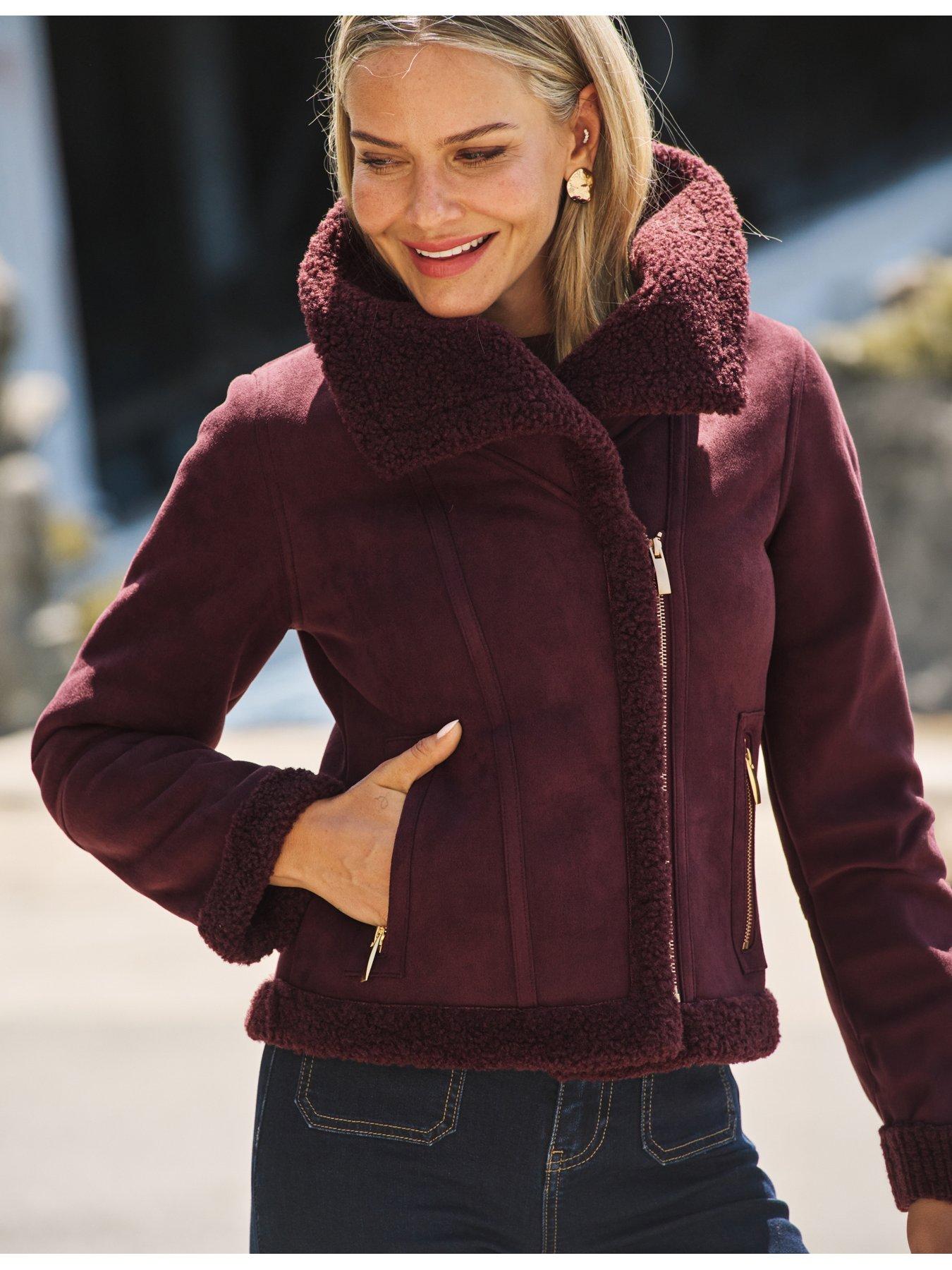 Image 6 of 6 of Sosandar Womens Faux Shearling Funnel Collar Jacket - Burgundy