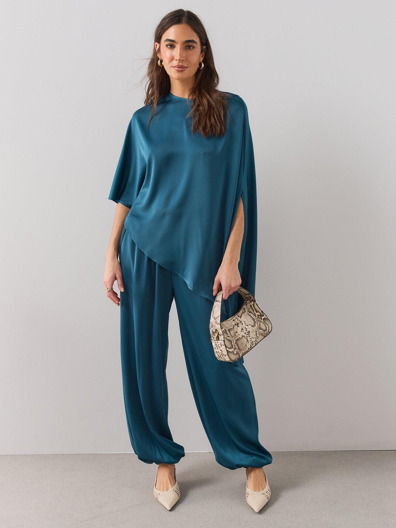 Image 1 of 6 of The Very Collection Womens Satin Balloon-Leg Elastic Waist Trousers - Teal