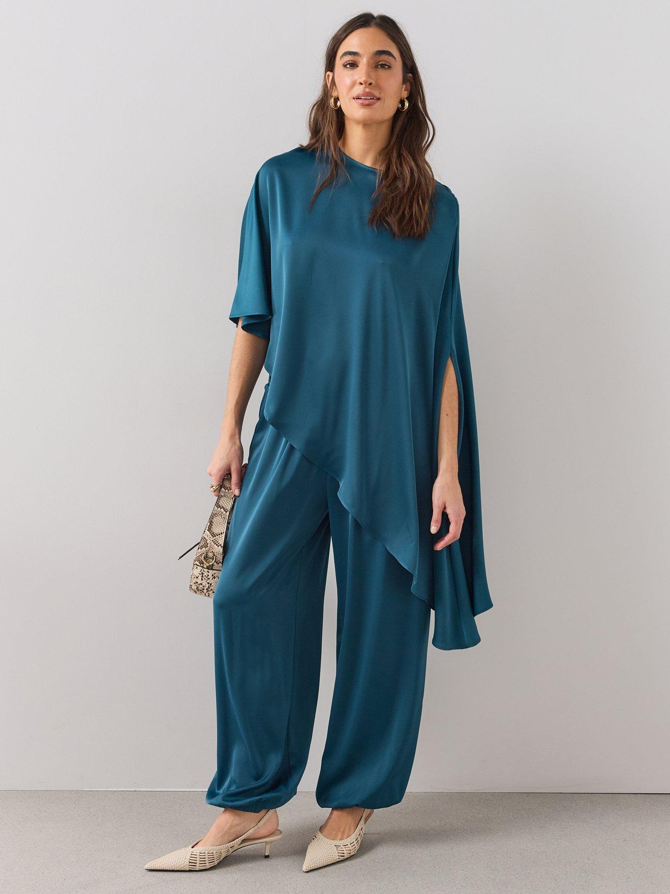 Image 1 of 6 of The Very Collection Womens Satin Drape Cape Sleeve Blouse - Teal
