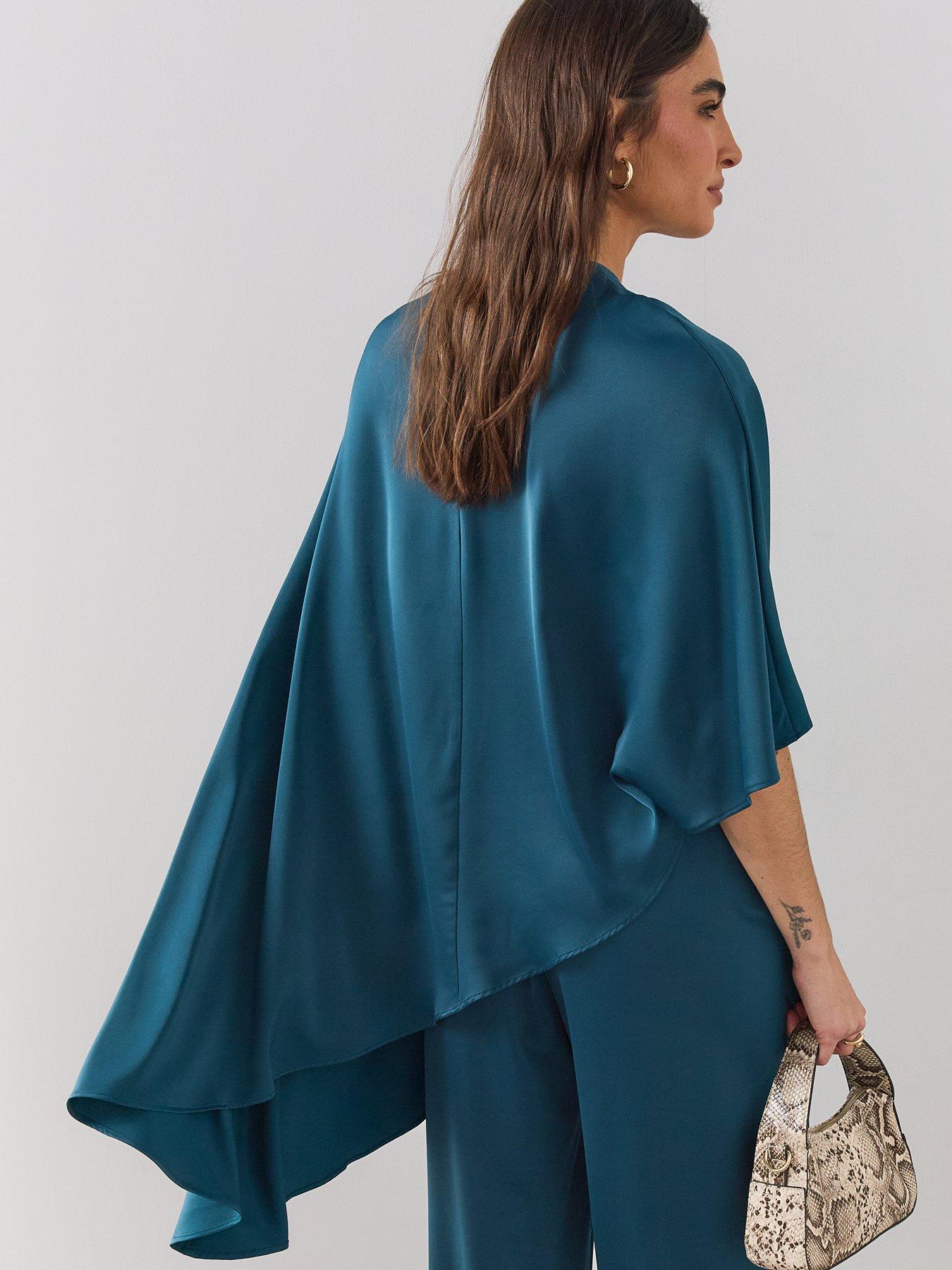 Image 4 of 6 of The Very Collection Womens Satin Drape Cape Sleeve Blouse - Teal