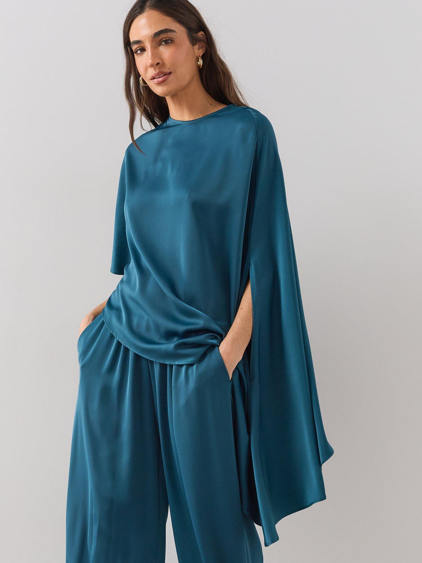 Image 5 of 6 of The Very Collection Womens Satin Drape Cape Sleeve Blouse - Teal