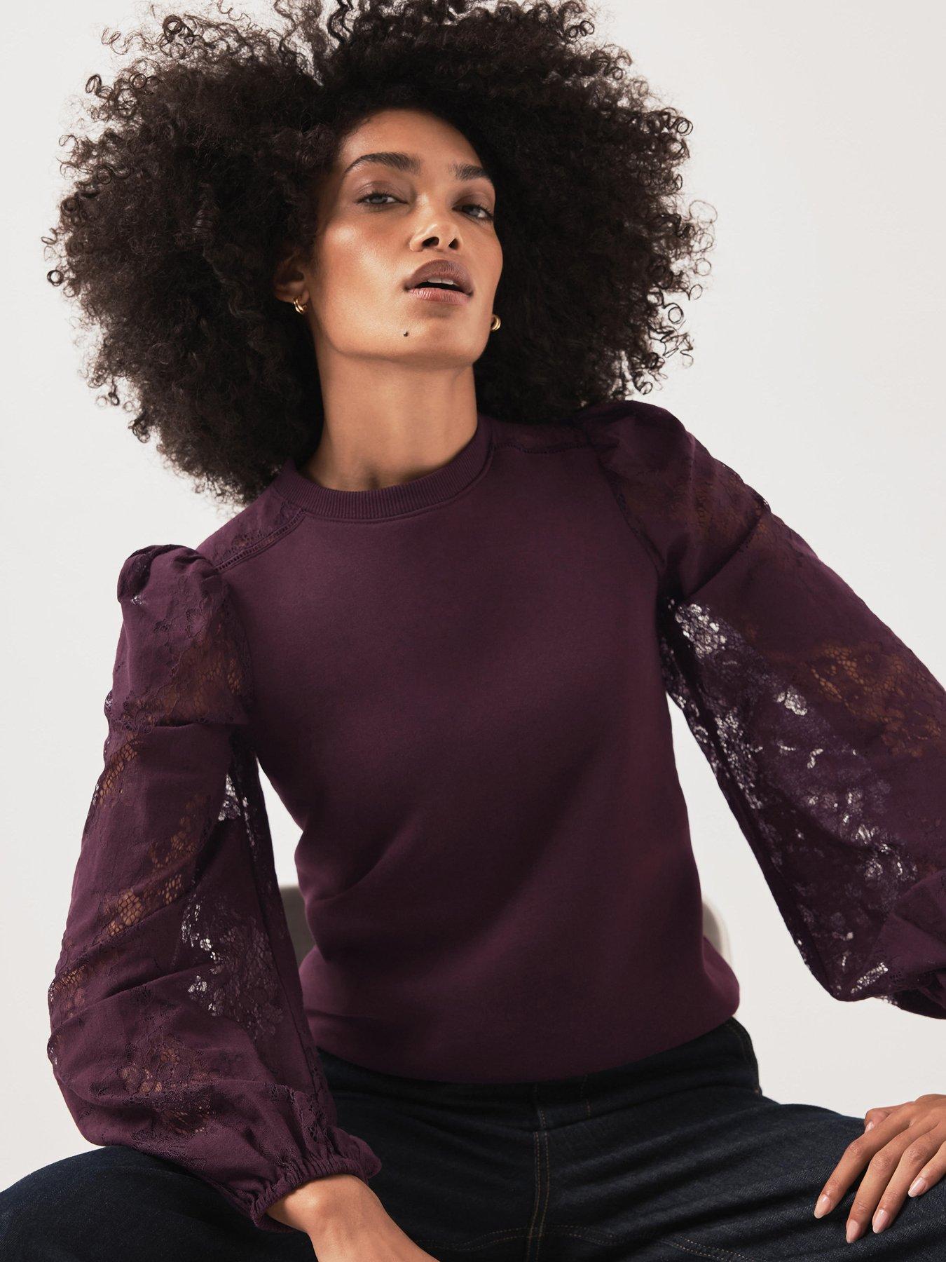 Mint Velvet Lace Sleeve Sweatshirt - Burgundy