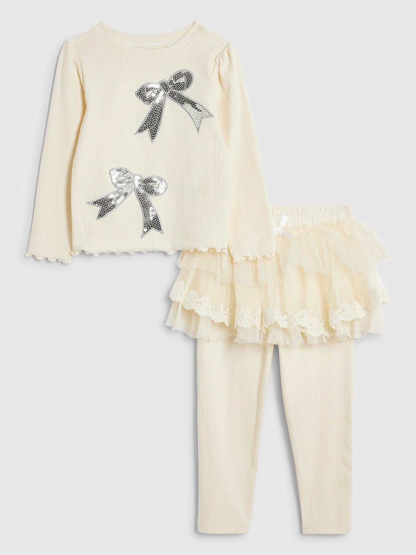 Image 1 of 5 of River Island Mini Girls Sequin Bow Tulle Blouse Set - Cream
