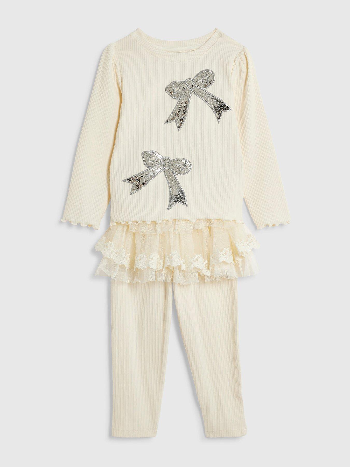 Image 3 of 5 of River Island Mini Girls Sequin Bow Tulle Blouse Set - Cream
