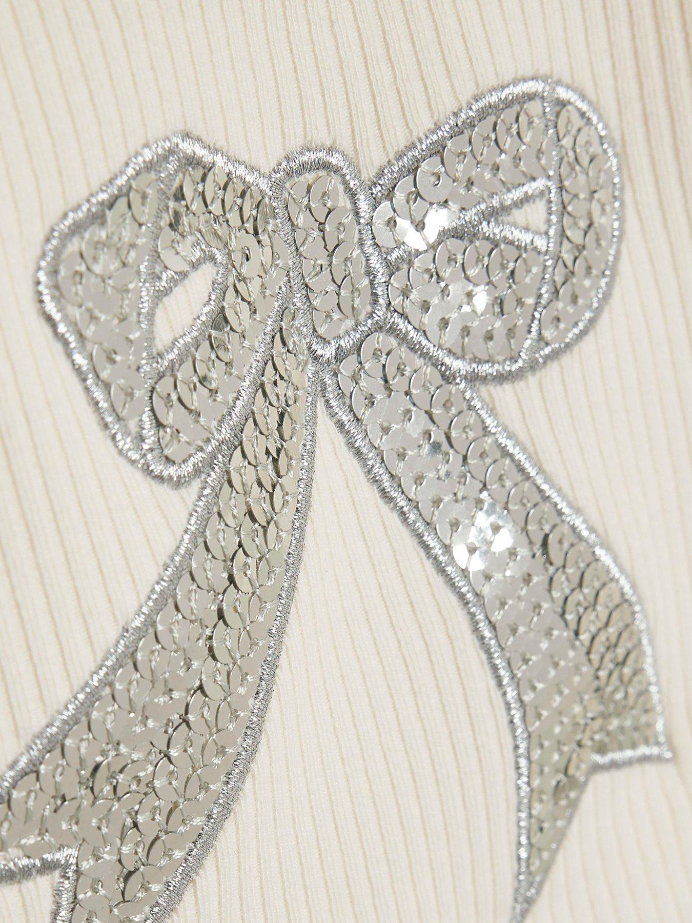 Image 4 of 5 of River Island Mini Girls Sequin Bow Tulle Blouse Set - Cream