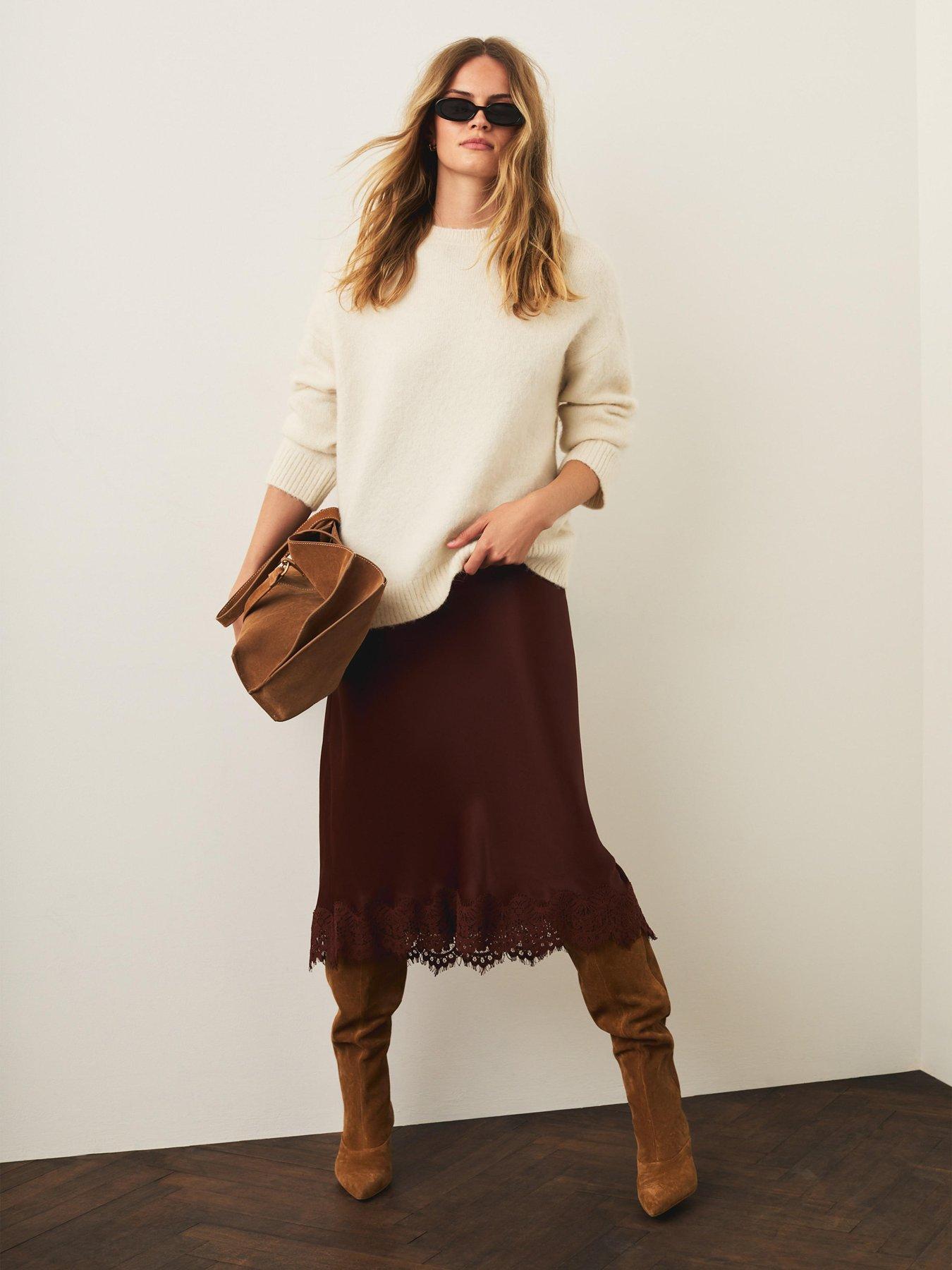 Image 1 of 6 of Mint Velvet Lace Hem Satin Skirt - Brown