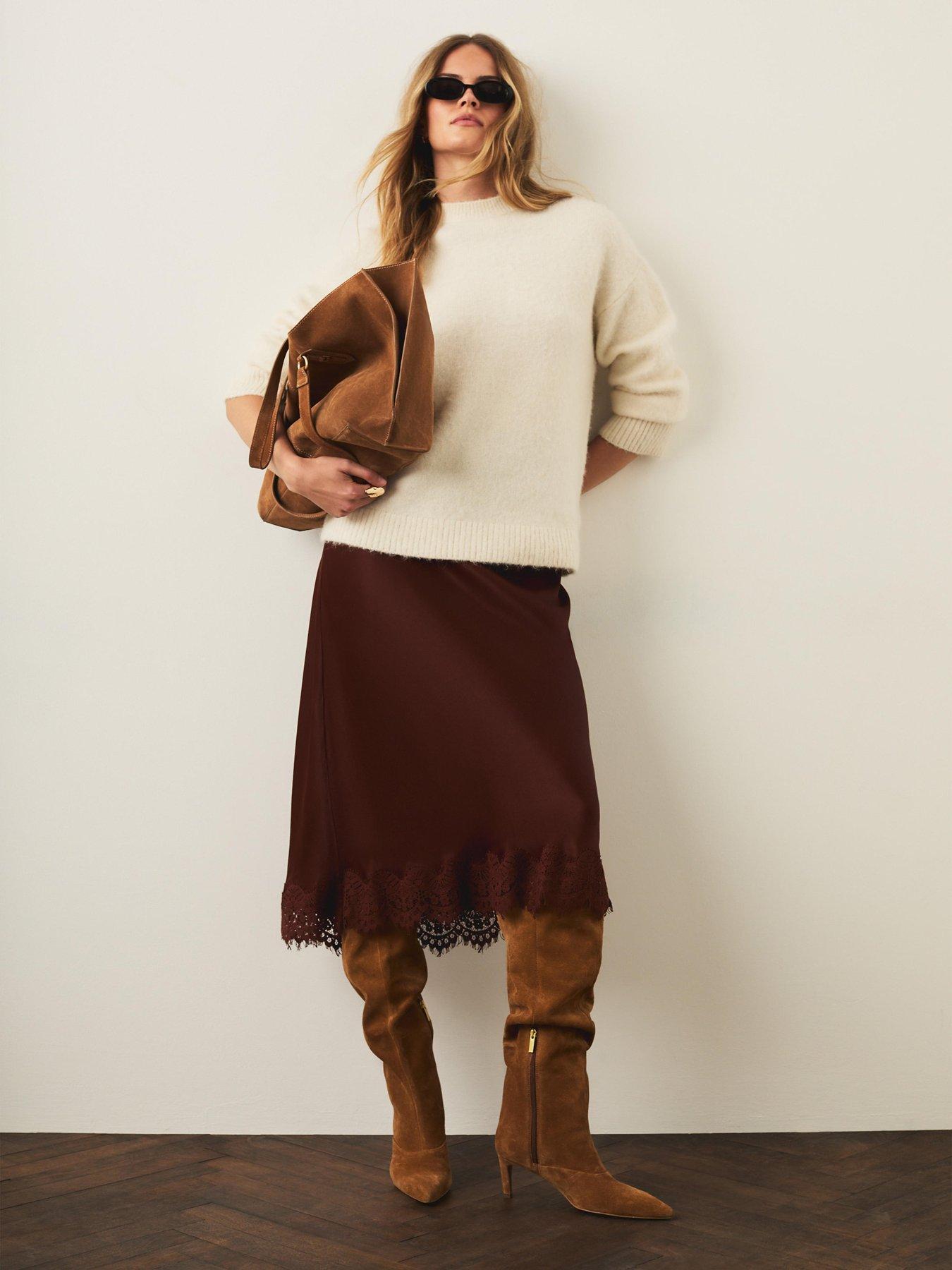 Image 2 of 6 of Mint Velvet Lace Hem Satin Skirt - Brown